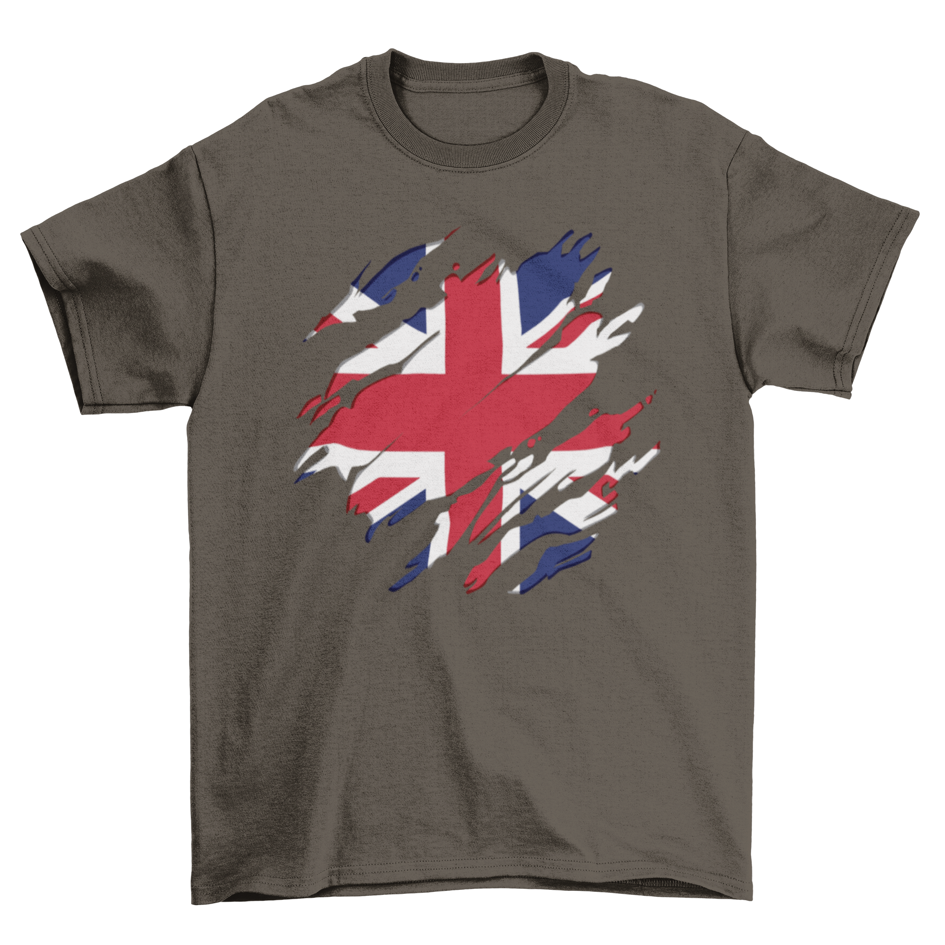 A stylish t-shirt featuring a scratched design of the United Kingdom flag, showcasing vibrant colors and a modern twist.