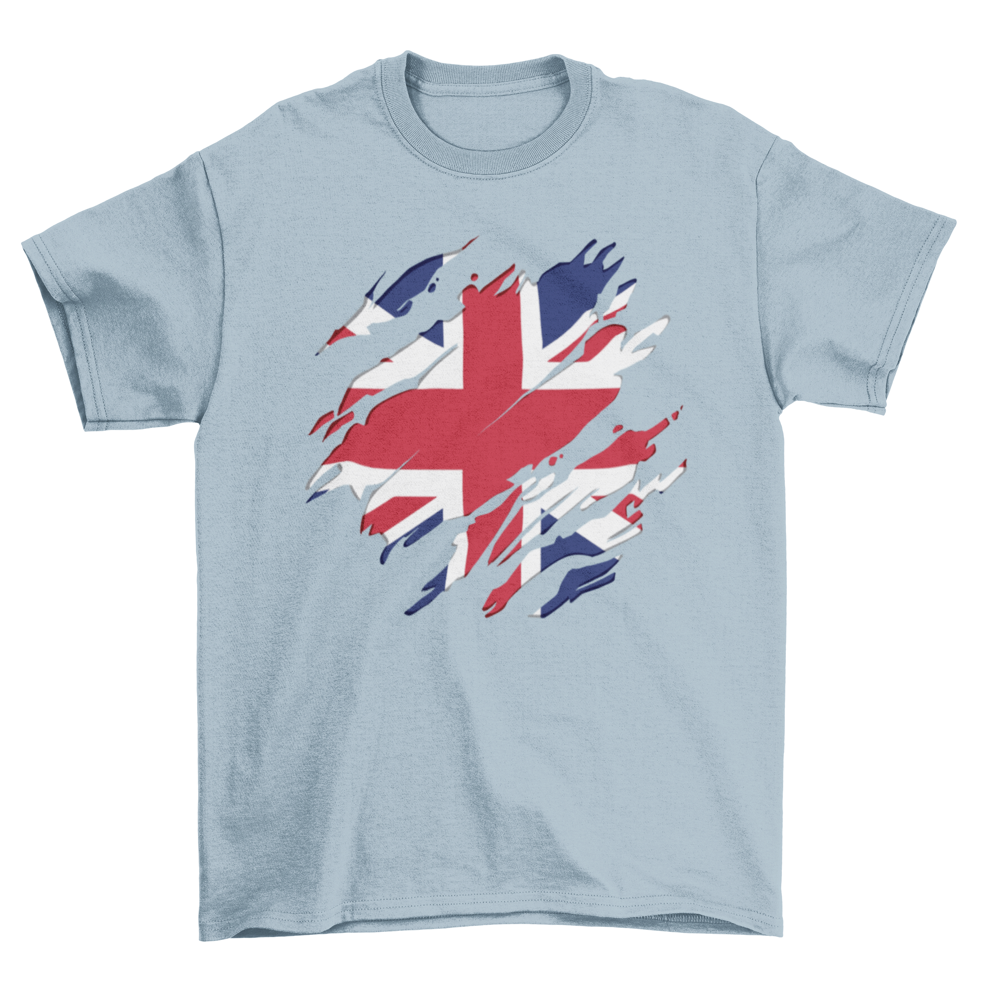 A stylish t-shirt featuring a scratched design of the United Kingdom flag, showcasing vibrant colors and a modern twist.