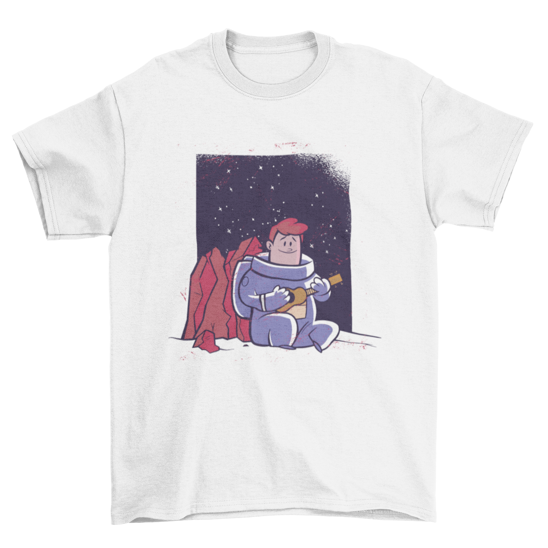 A stylish T-shirt featuring a whimsical design of an astronaut playing the ukelele against a cosmic background.