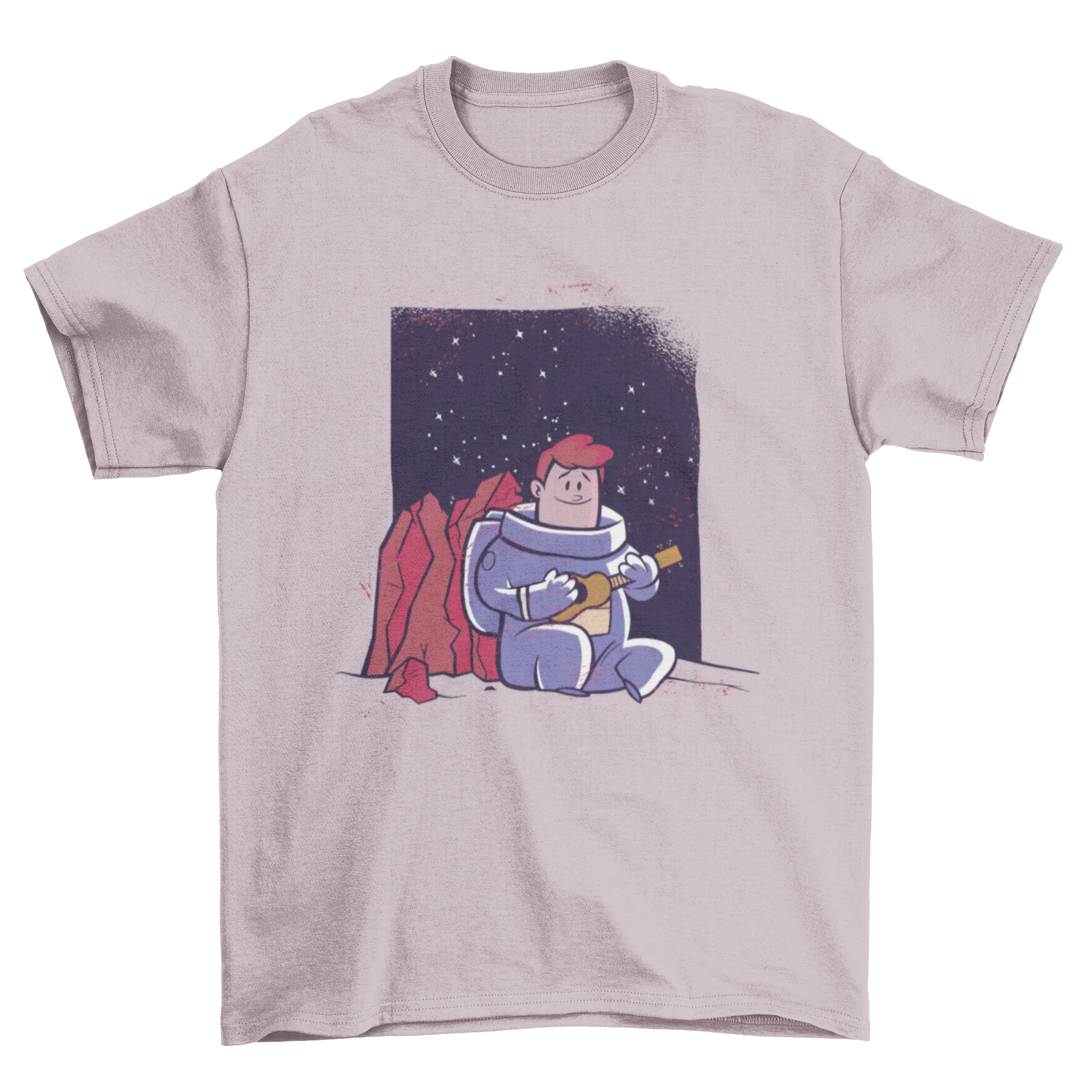 A stylish T-shirt featuring a whimsical design of an astronaut playing the ukelele against a cosmic background.