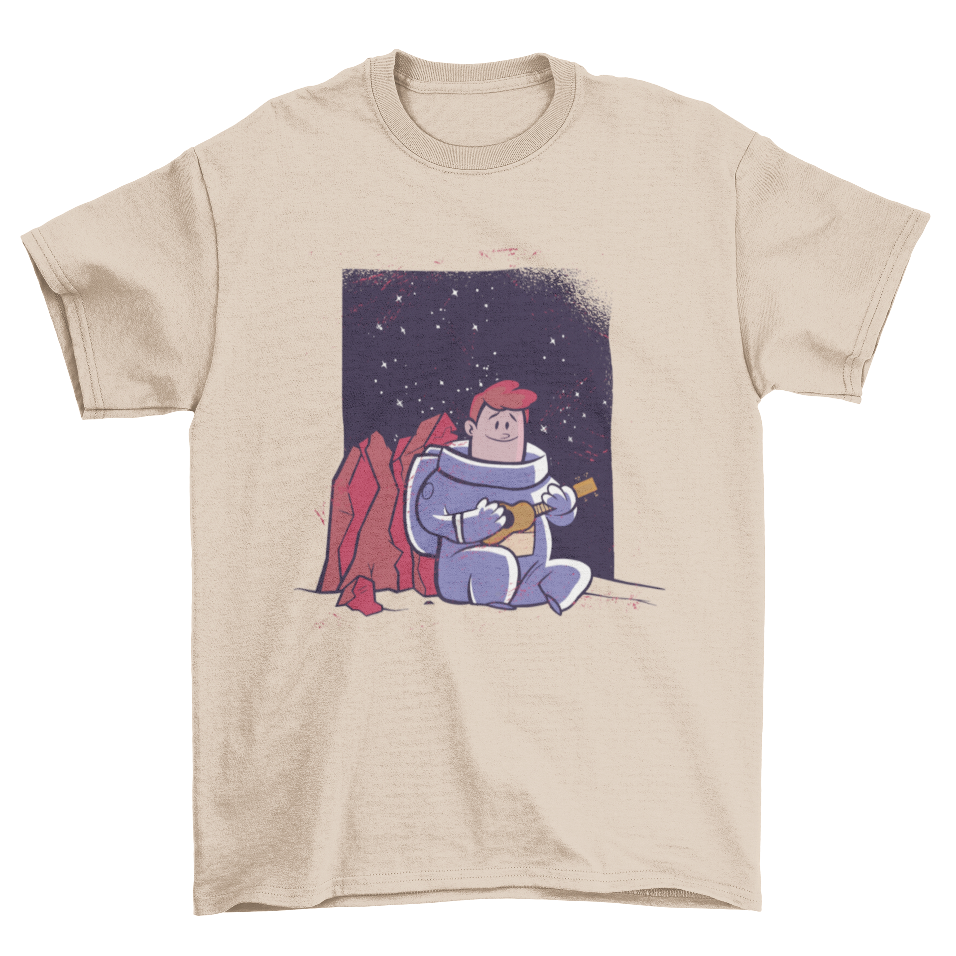 A stylish T-shirt featuring a whimsical design of an astronaut playing the ukelele against a cosmic background.