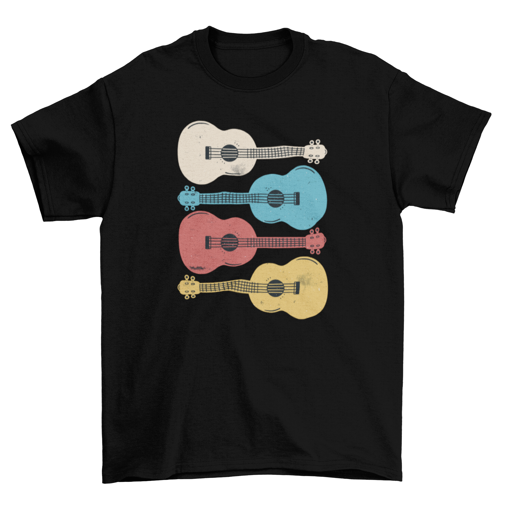 A stylish t-shirt featuring four colorful ukelele instruments, perfect for music lovers.