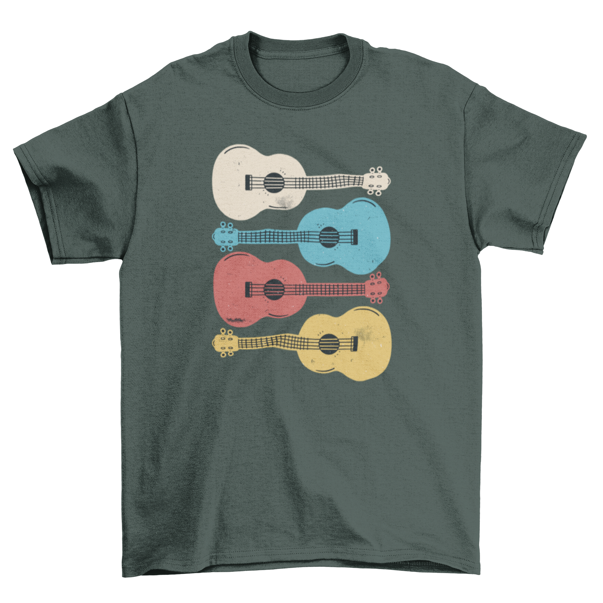 A stylish t-shirt featuring four colorful ukelele instruments, perfect for music lovers.