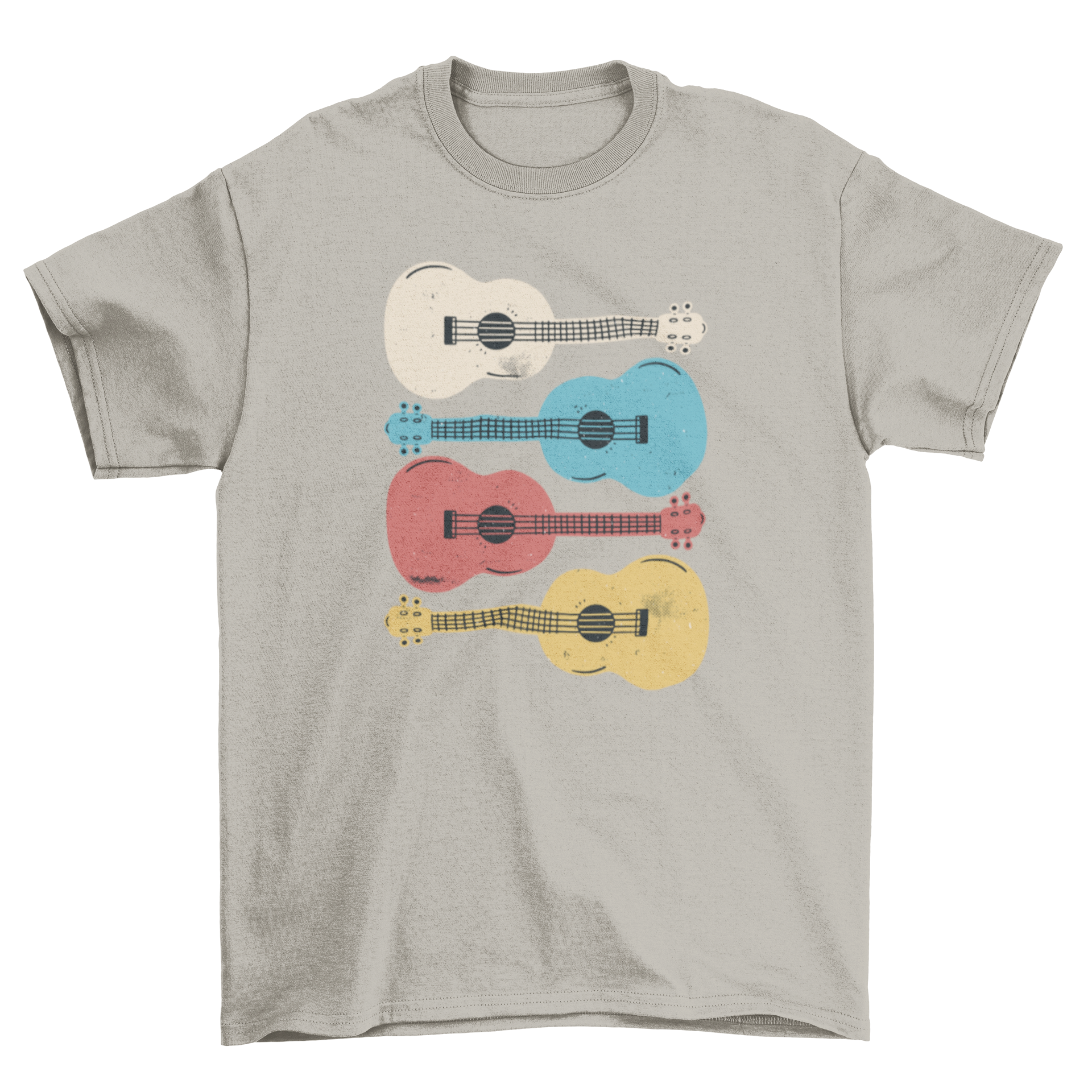 A stylish t-shirt featuring four colorful ukelele instruments, perfect for music lovers.