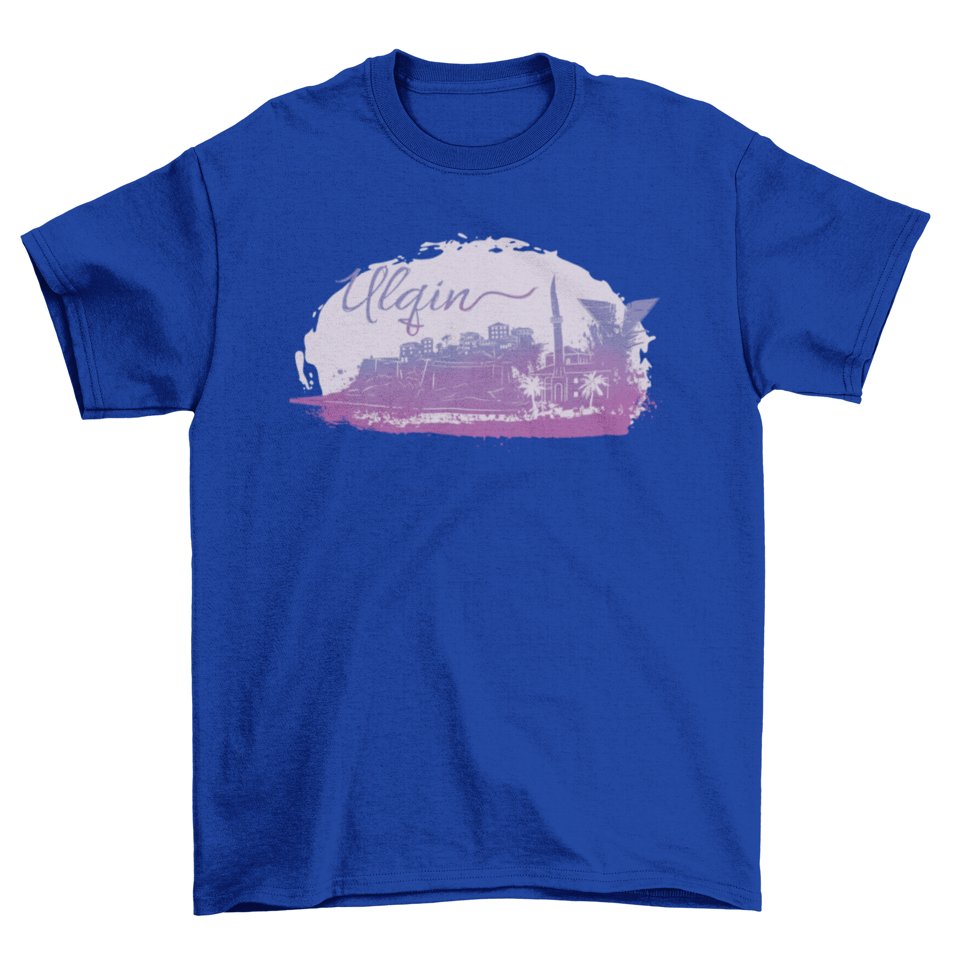 Ulqin Watercolor T-shirt featuring a vibrant Albanian landscape and city silhouette.