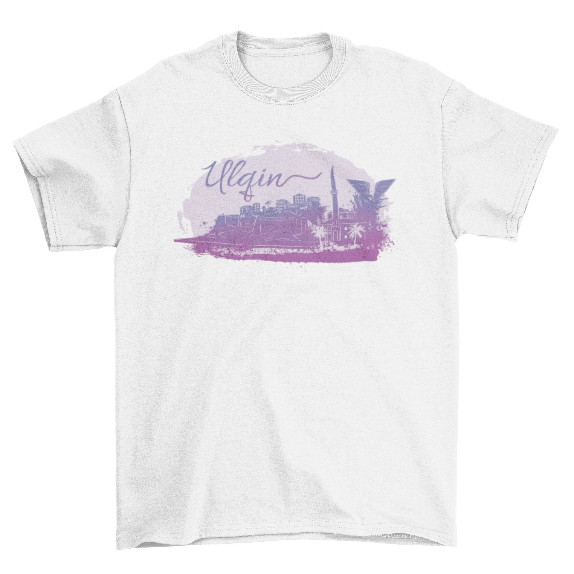 Ulqin Watercolor T-shirt featuring a vibrant Albanian landscape and city silhouette.