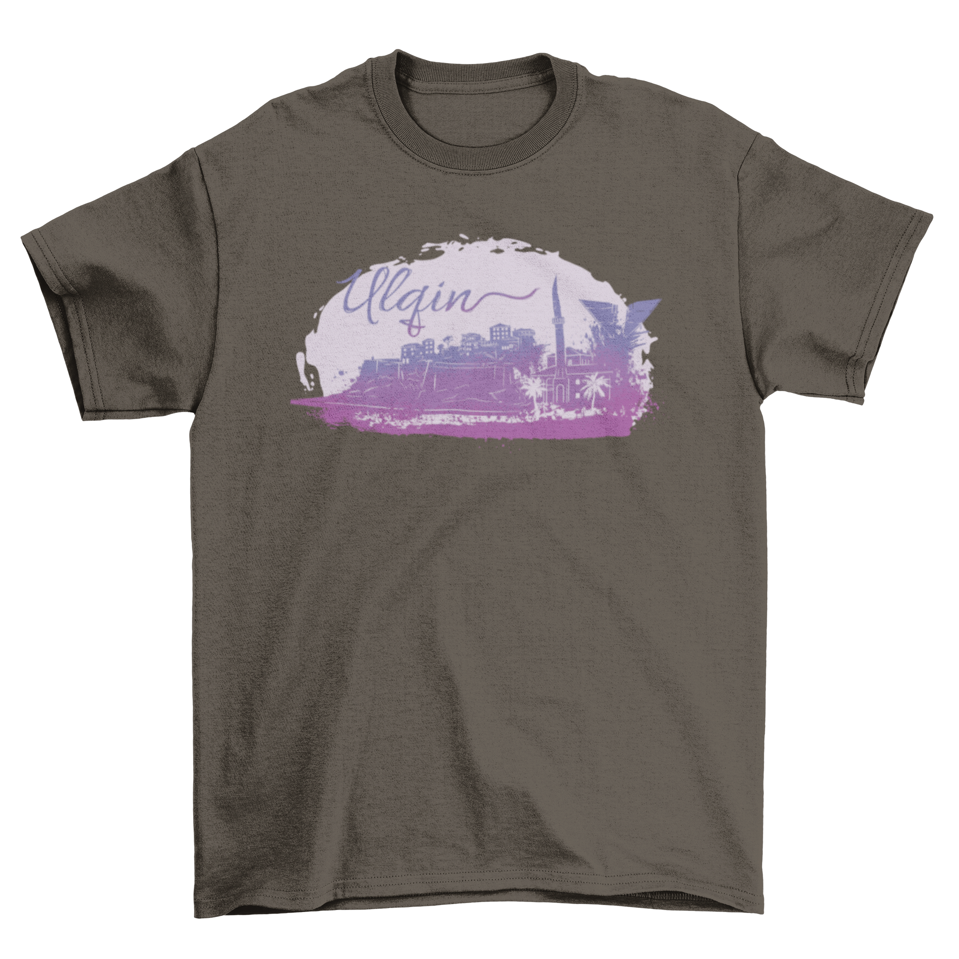 Ulqin Watercolor T-shirt featuring a vibrant Albanian landscape and city silhouette.