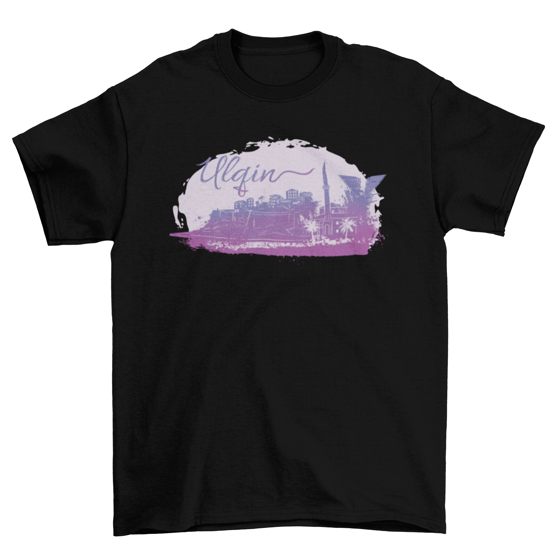 Ulqin Watercolor T-shirt featuring a vibrant Albanian landscape and city silhouette.