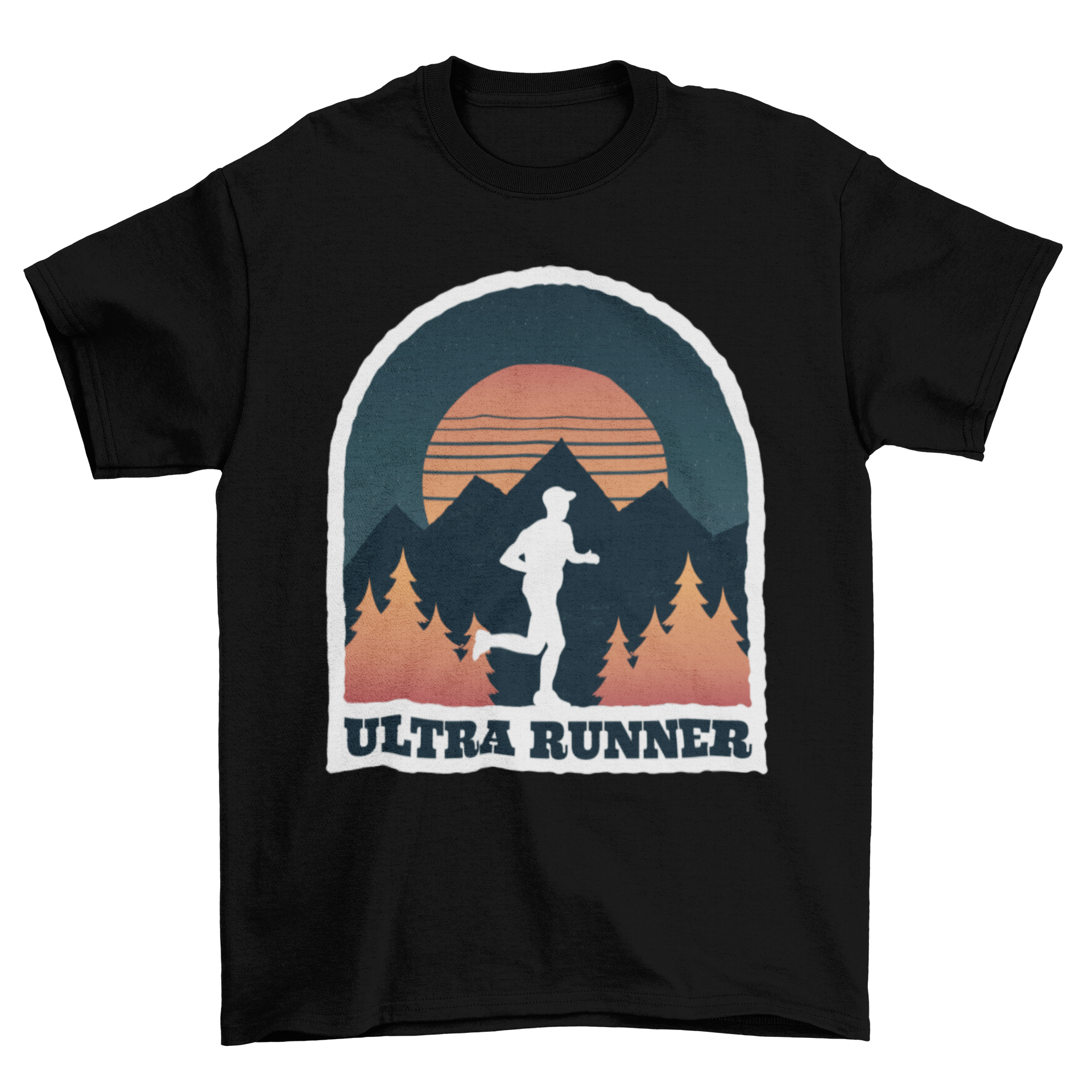 Ultra Runner Athlete T-shirt featuring a mountain backdrop and a silhouette of a man running.