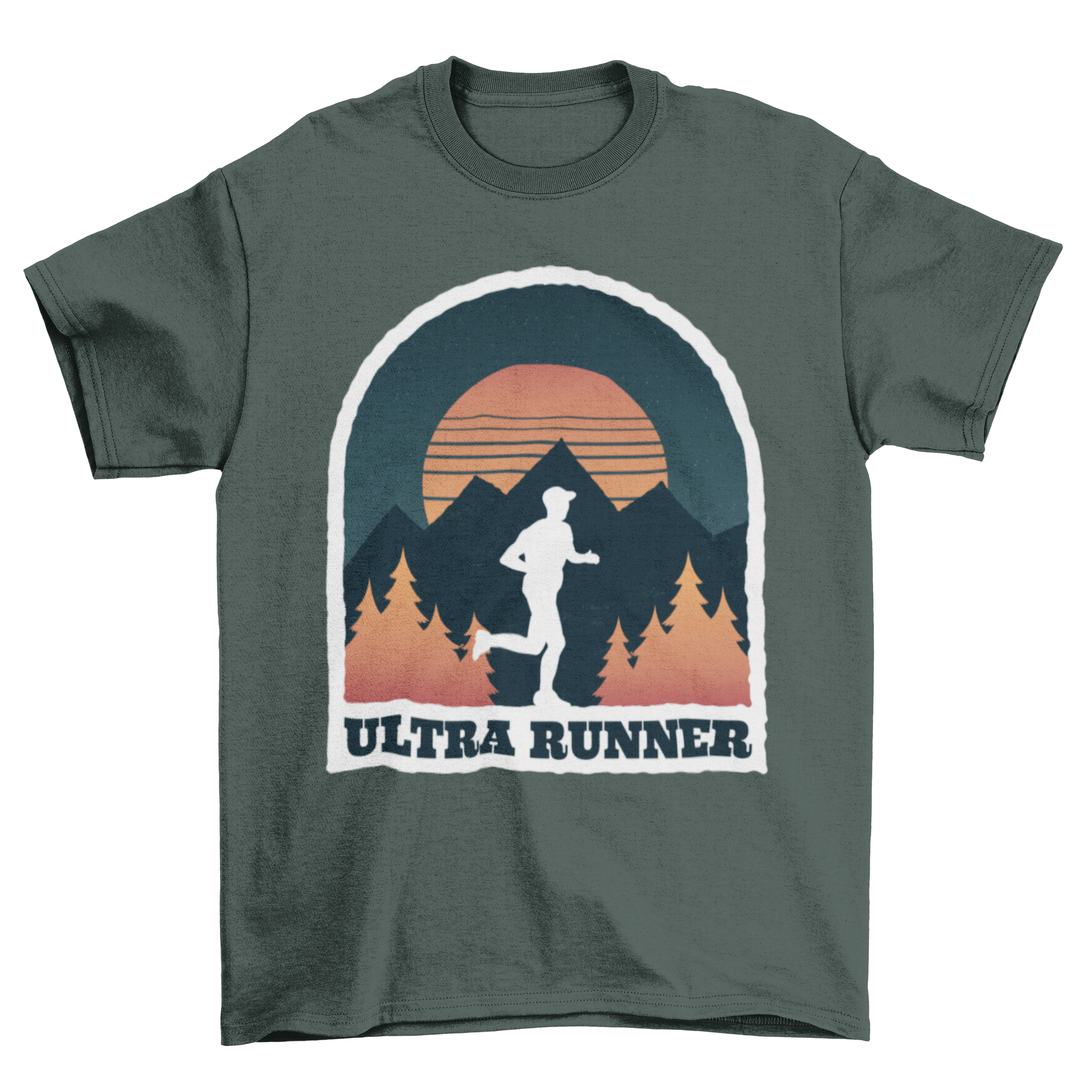 Ultra Runner Athlete T-shirt featuring a mountain backdrop and a silhouette of a man running.