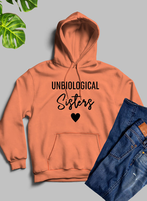 Unbiological Sisters Hoodie featuring unique artistic designs, cozy fleece material, and adjustable hood.