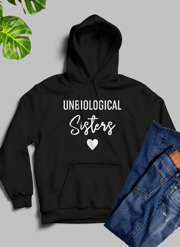 Unbiological Sisters Hoodie featuring unique artistic designs, cozy fleece material, and adjustable hood.