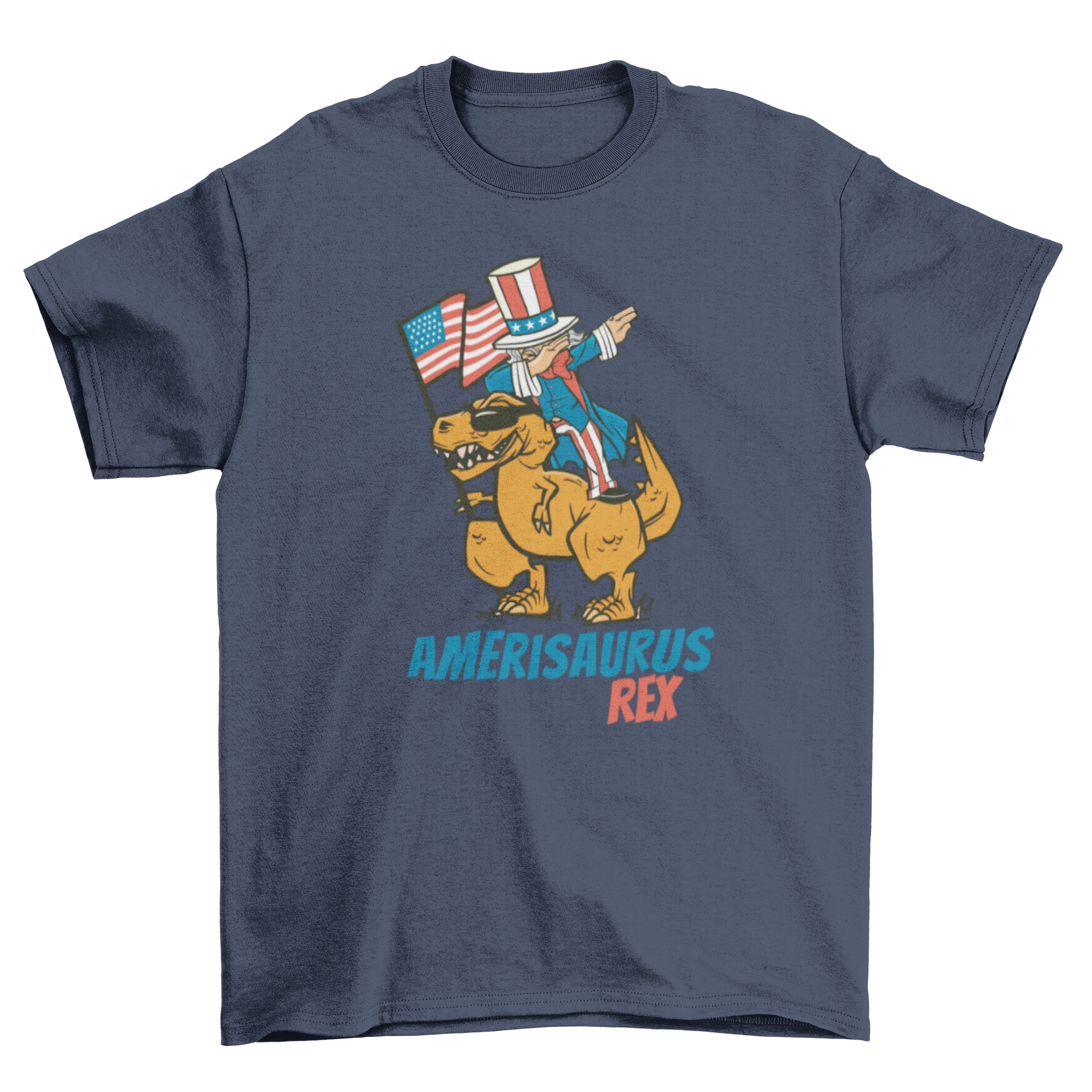 A humorous t-shirt featuring Uncle Sam dabbing on a T-Rex dinosaur with the American flag in the background.