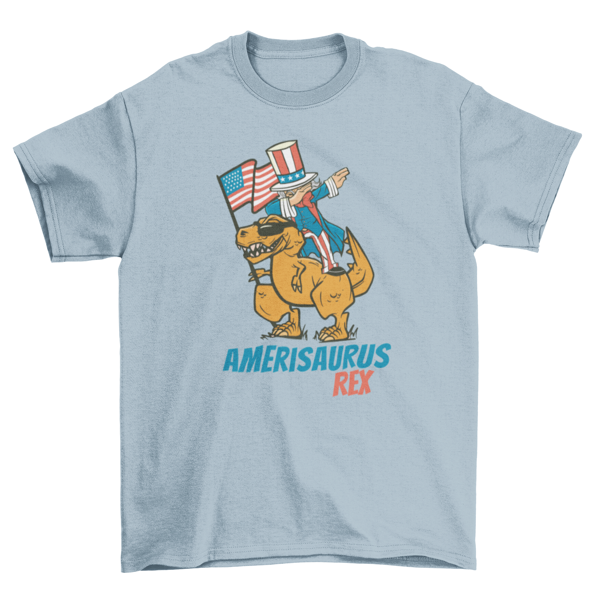 A humorous t-shirt featuring Uncle Sam dabbing on a T-Rex dinosaur with the American flag in the background.