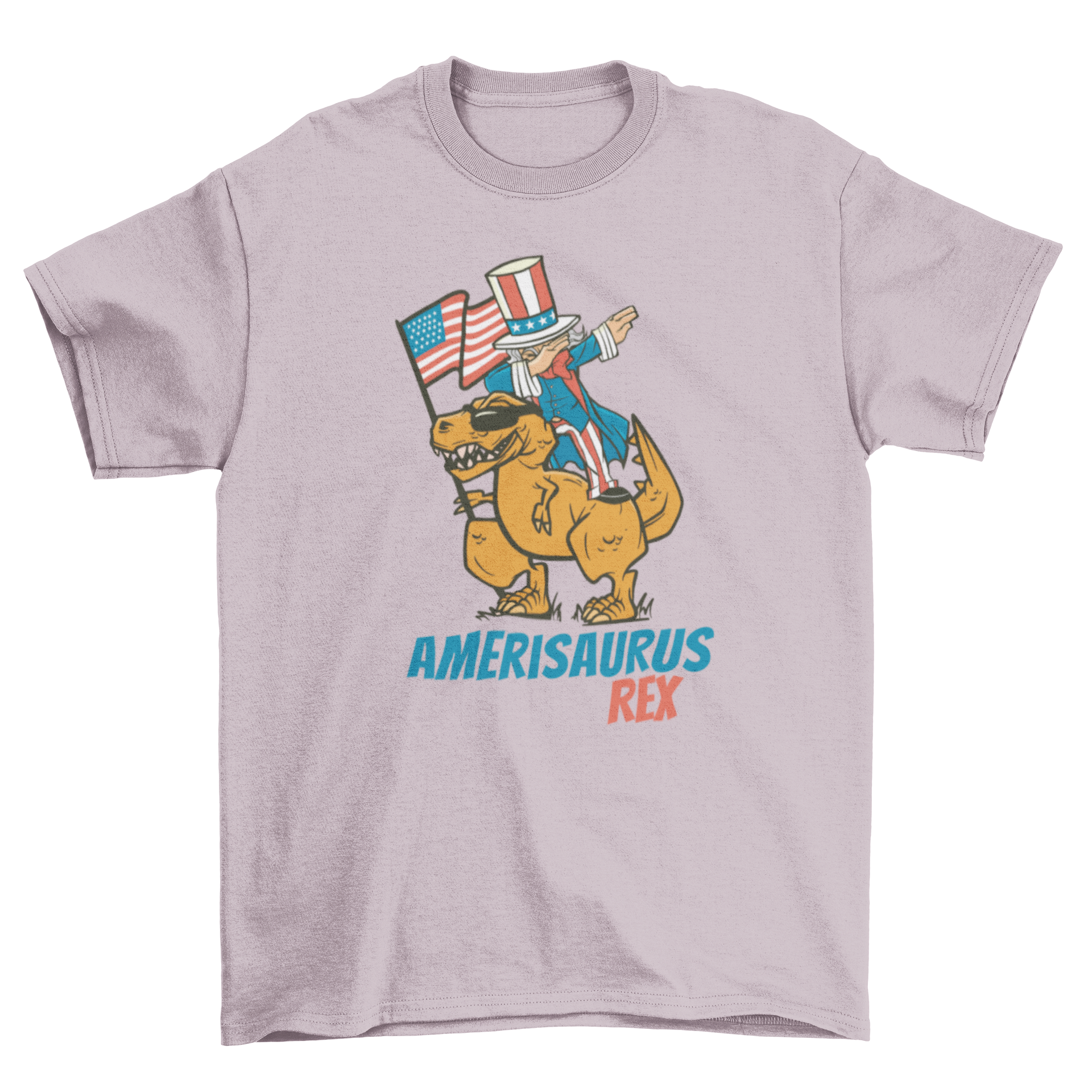 A humorous t-shirt featuring Uncle Sam dabbing on a T-Rex dinosaur with the American flag in the background.