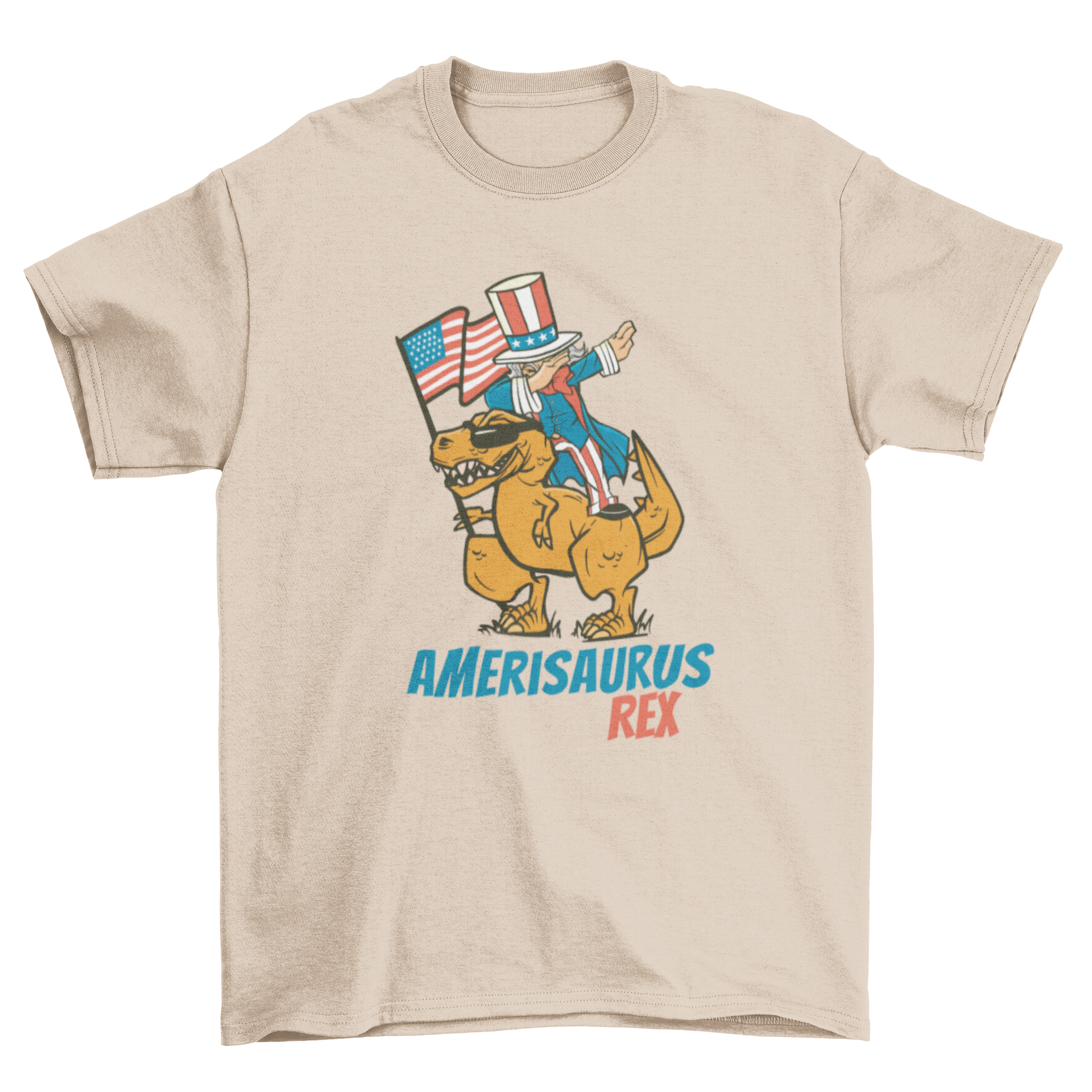 A humorous t-shirt featuring Uncle Sam dabbing on a T-Rex dinosaur with the American flag in the background.