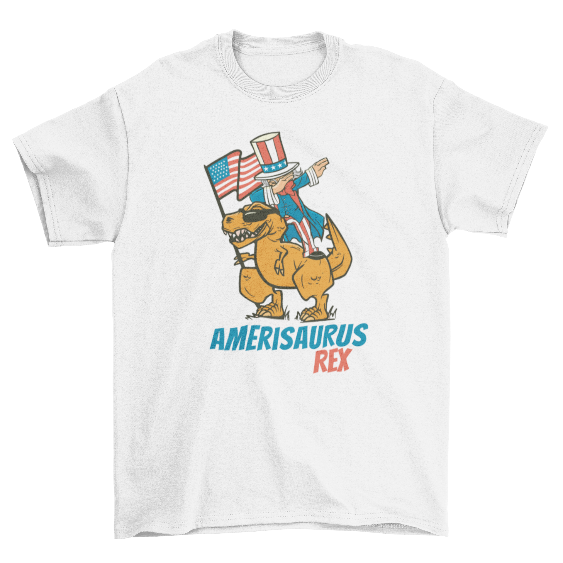 A humorous t-shirt featuring Uncle Sam dabbing on a T-Rex dinosaur with the American flag in the background.