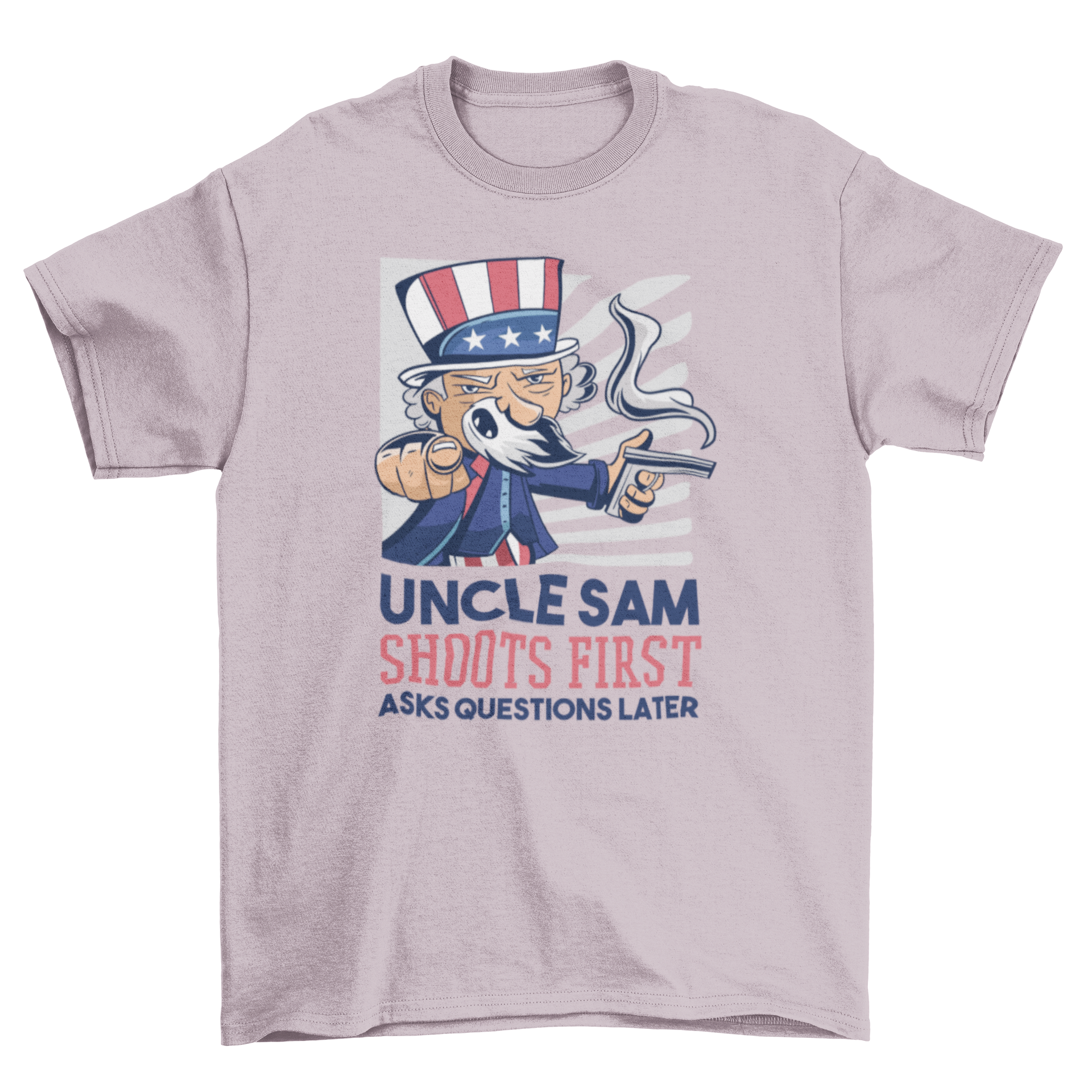 Uncle Sam cartoon T-shirt with a smoking gun and humorous quote.