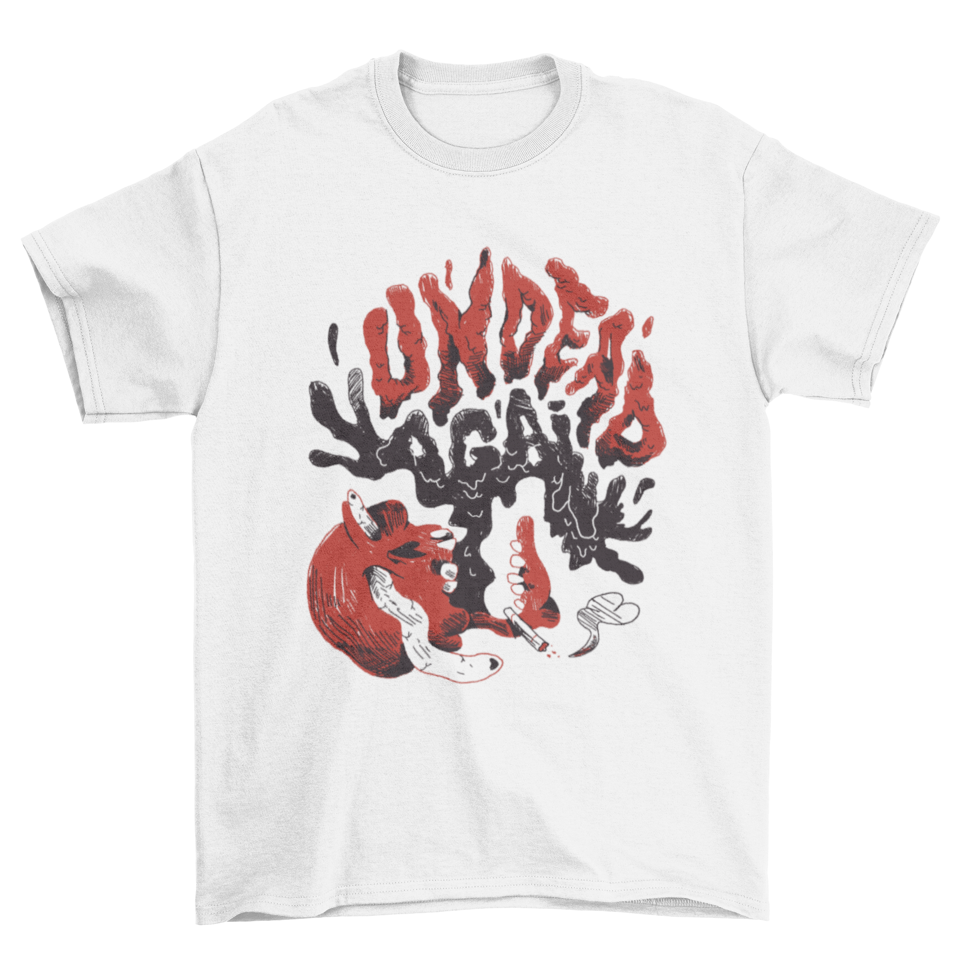 Undead Again After Life T-Shirt featuring a bold horror design with the quote 'Undead Again'.