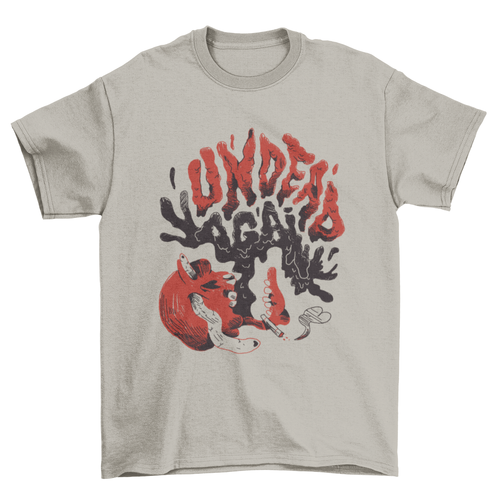 Undead Again After Life T-Shirt featuring a bold horror design with the quote 'Undead Again'.