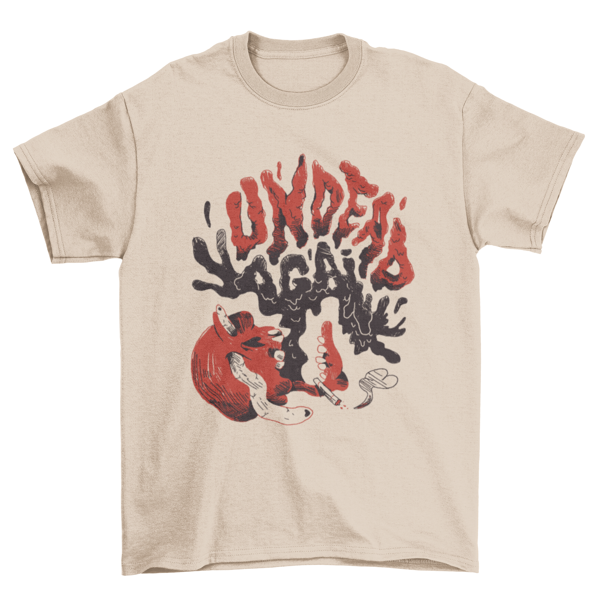 Undead Again After Life T-Shirt featuring a bold horror design with the quote 'Undead Again'.