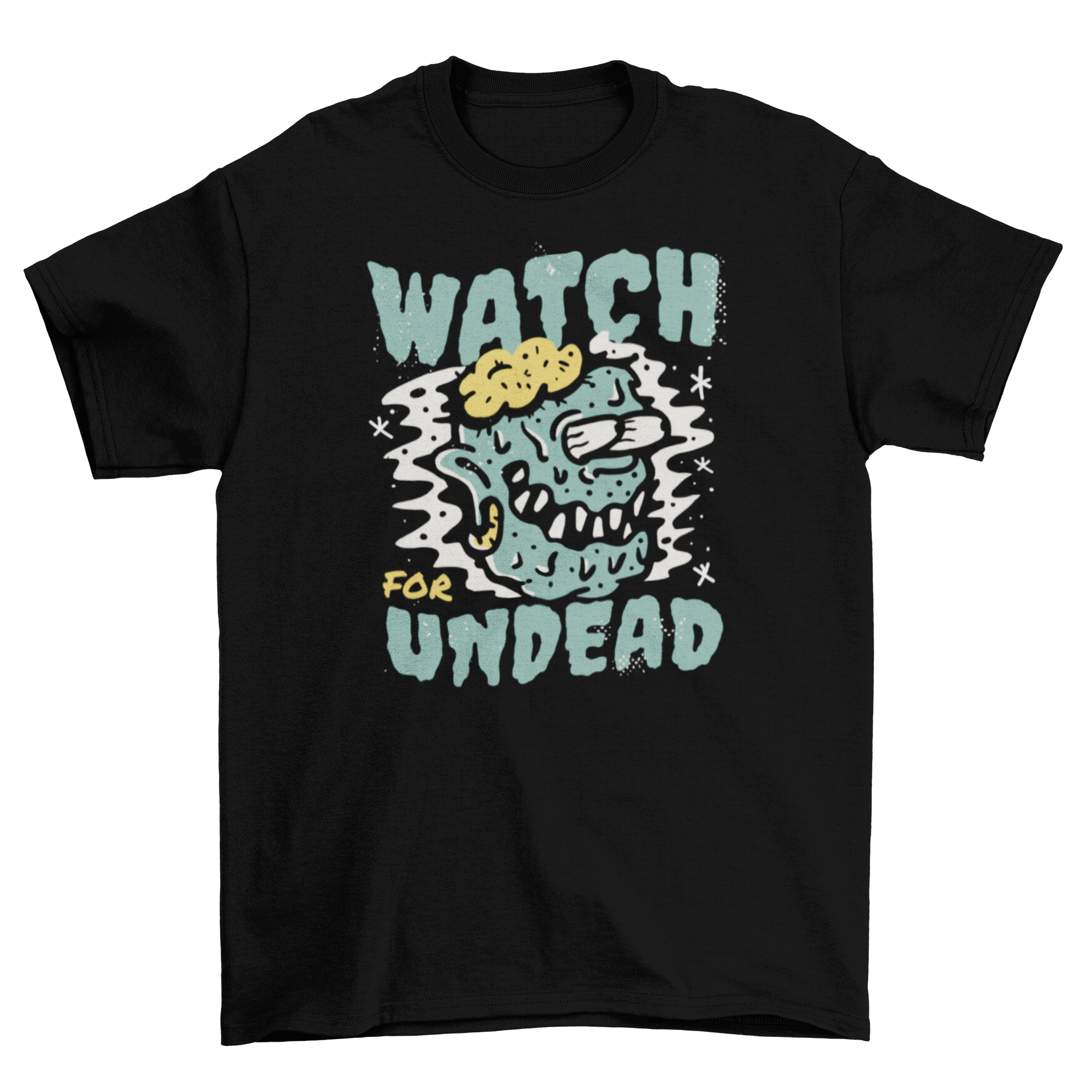 Undead Halloween quote t-shirt featuring a cool zombie and the quote 'Watch for undead'.