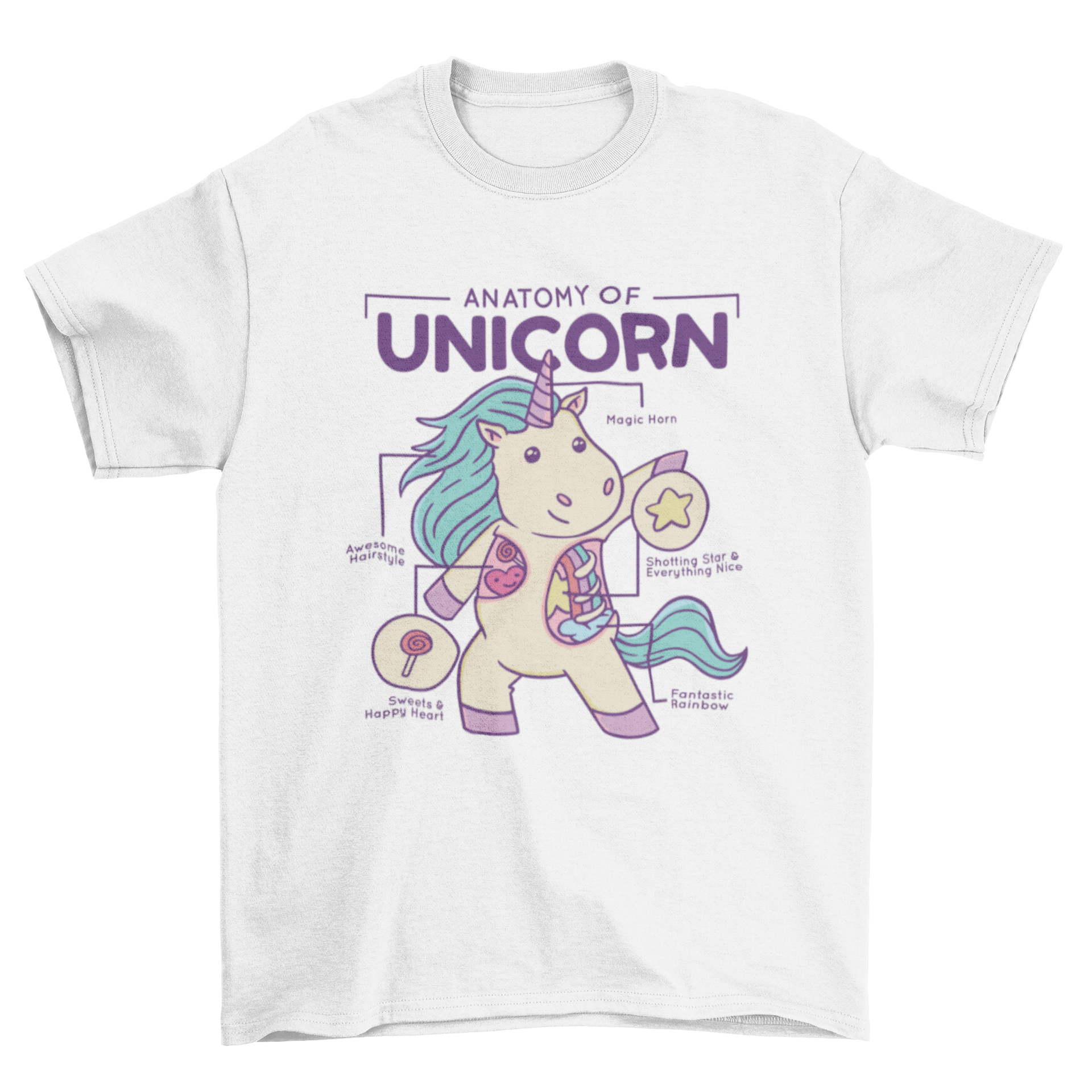 A colorful t-shirt featuring a unicorn anatomy chart with humorous labels for each body part.