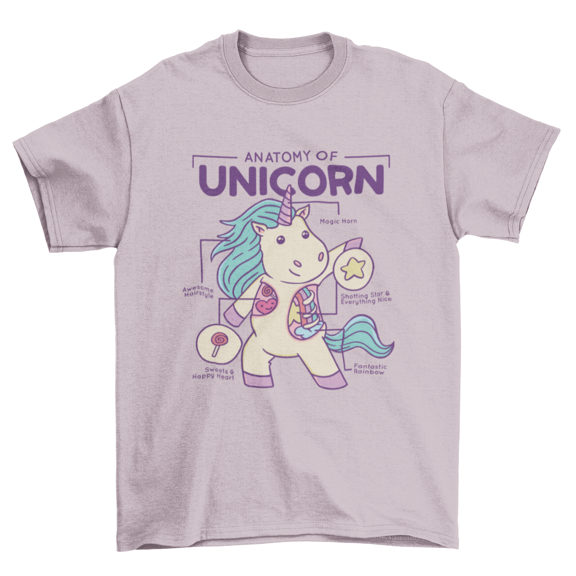 A colorful t-shirt featuring a unicorn anatomy chart with humorous labels for each body part.