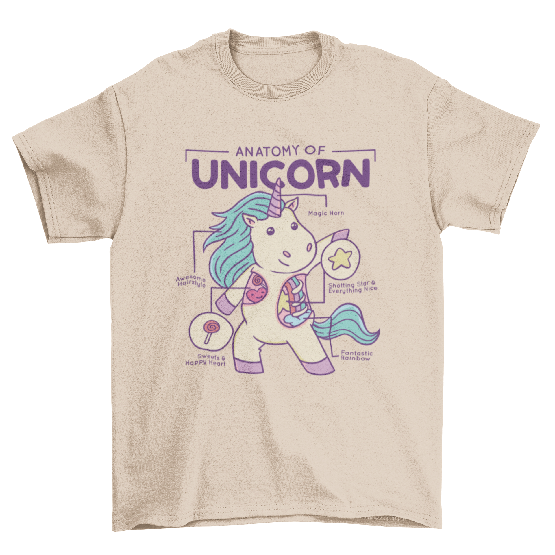 A colorful t-shirt featuring a unicorn anatomy chart with humorous labels for each body part.