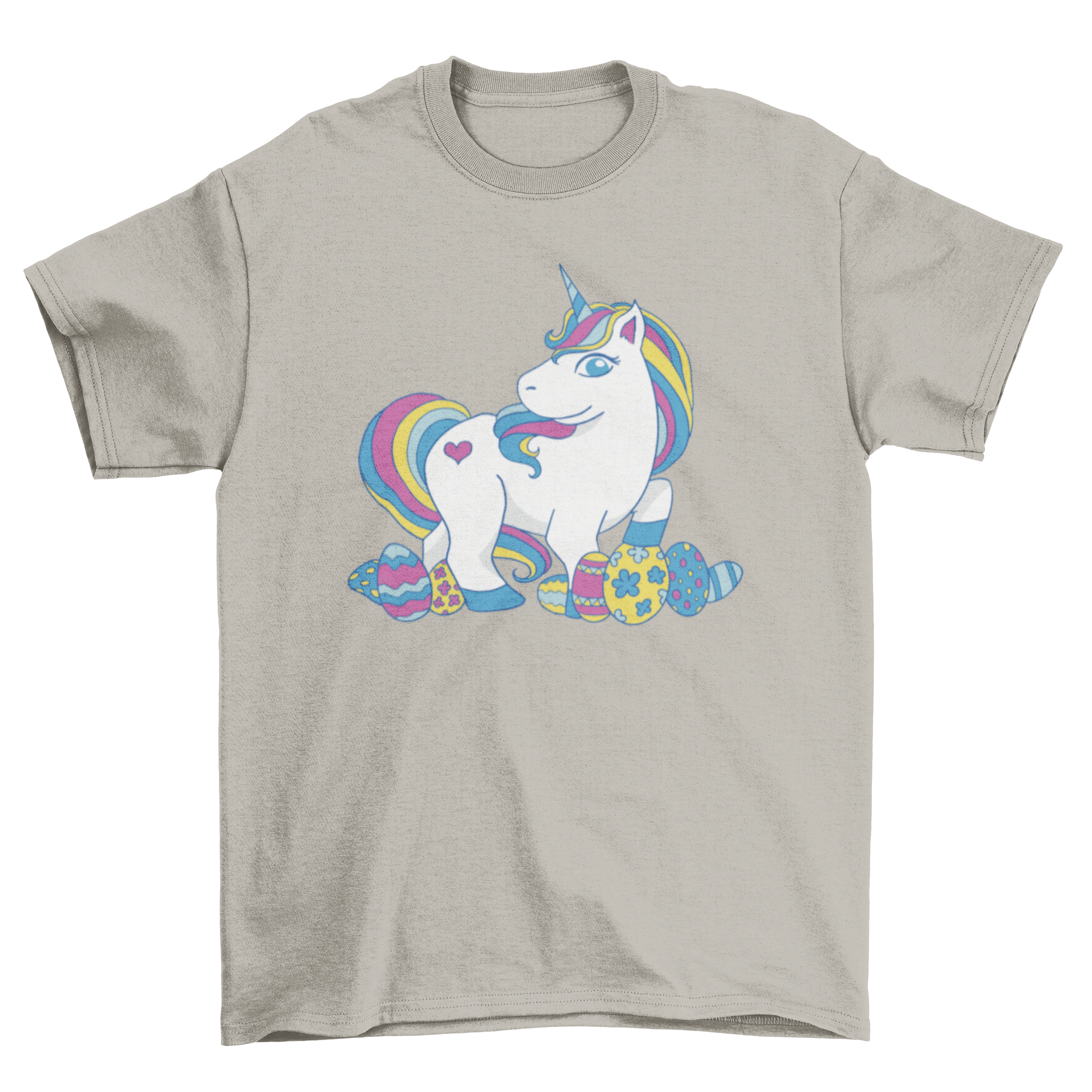 A colorful t-shirt featuring a whimsical unicorn surrounded by vibrant Easter eggs, perfect for festive occasions.