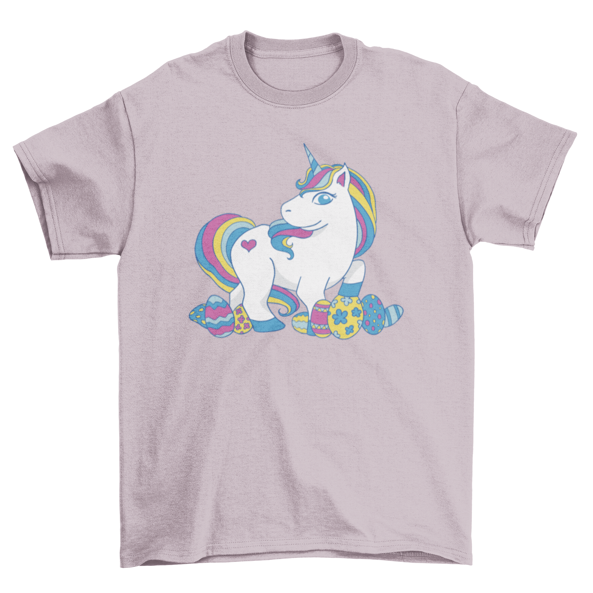 A colorful t-shirt featuring a whimsical unicorn surrounded by vibrant Easter eggs, perfect for festive occasions.