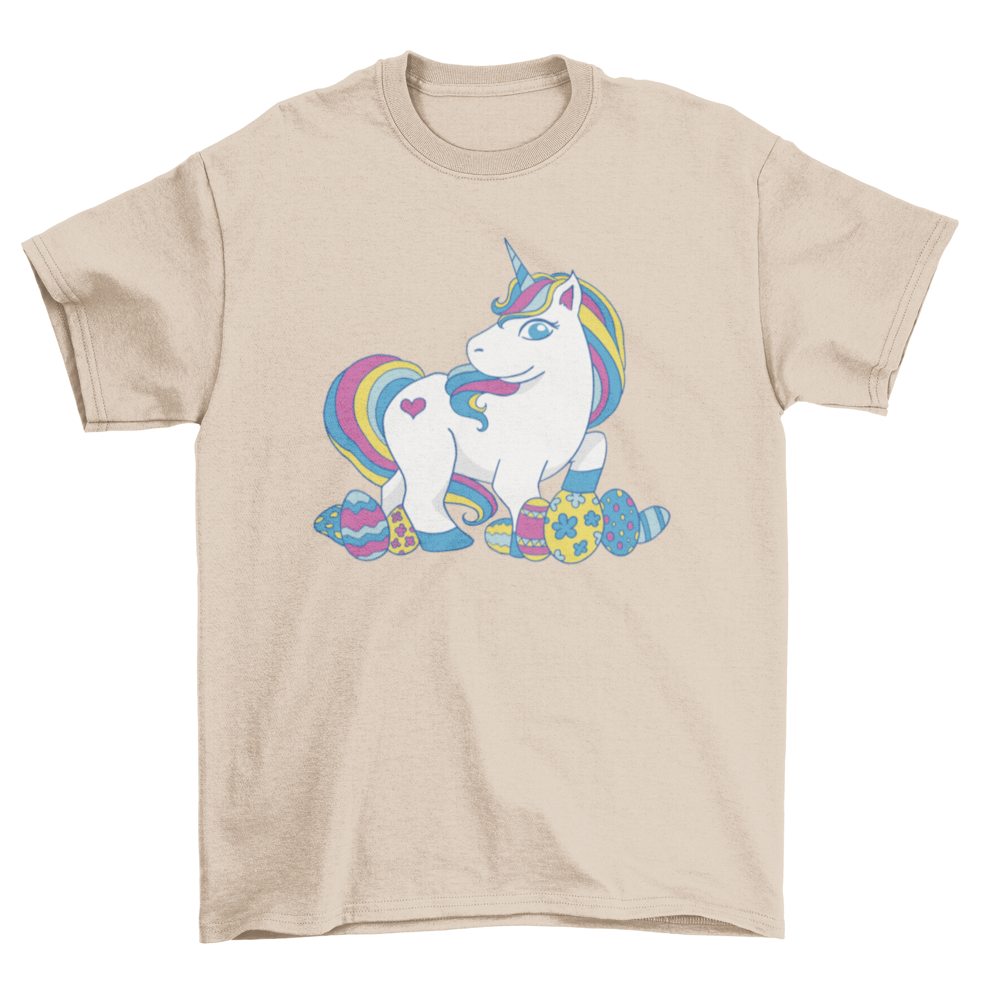 A colorful t-shirt featuring a whimsical unicorn surrounded by vibrant Easter eggs, perfect for festive occasions.