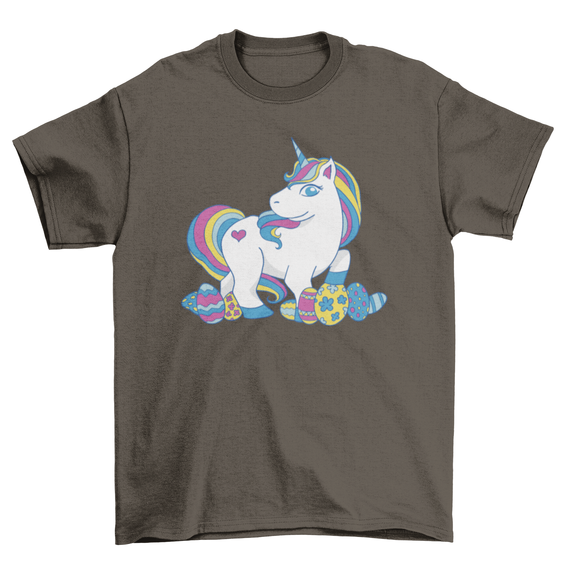 A colorful t-shirt featuring a whimsical unicorn surrounded by vibrant Easter eggs, perfect for festive occasions.