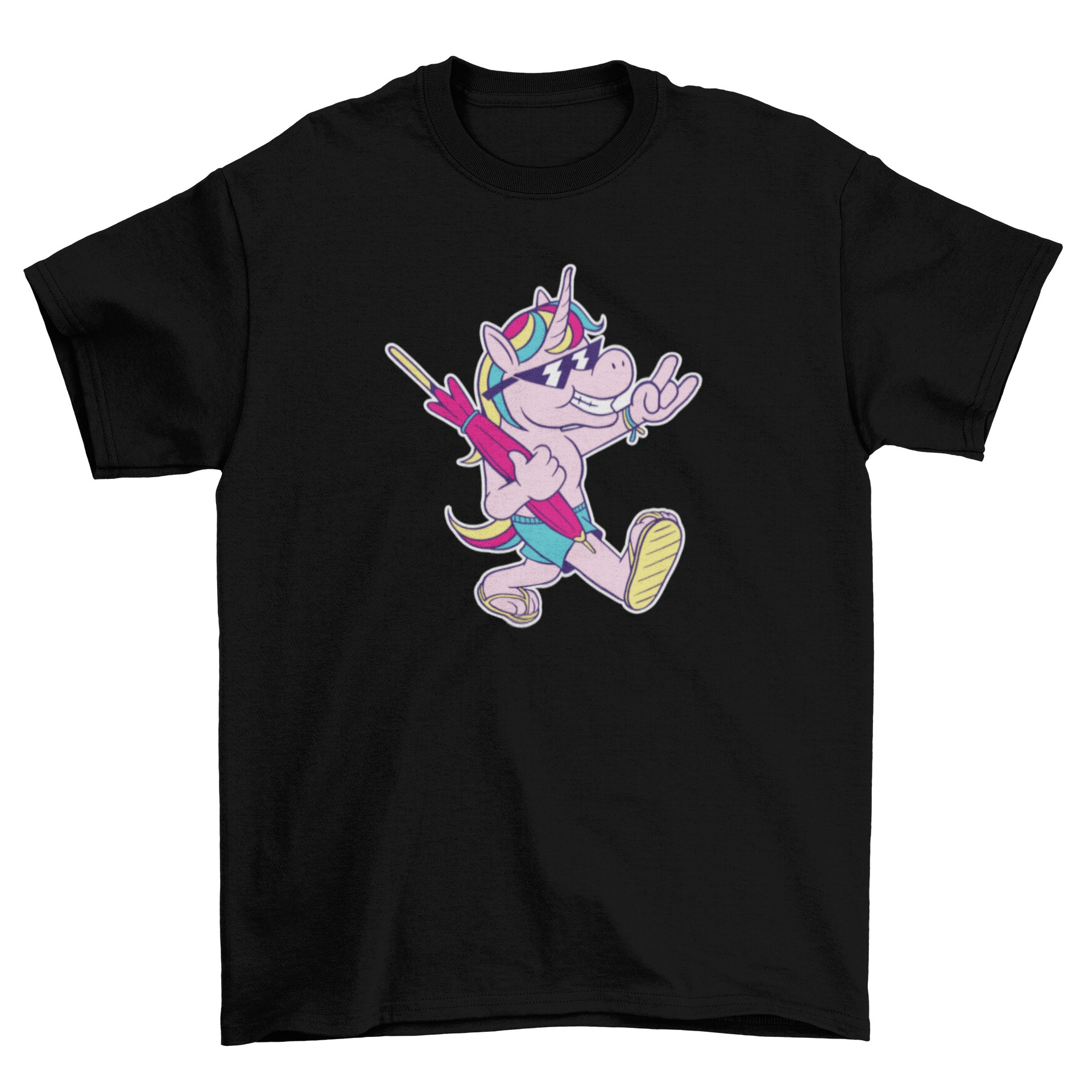 A colorful cartoon t-shirt featuring a unicorn in beach attire holding a beach umbrella, perfect for summer wear.