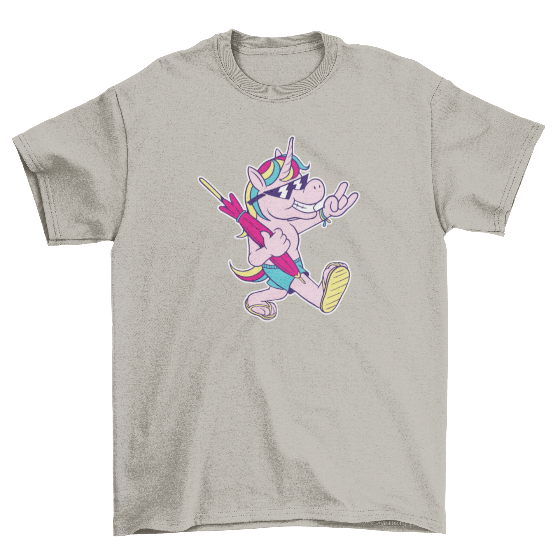 A colorful cartoon t-shirt featuring a unicorn in beach attire holding a beach umbrella, perfect for summer wear.