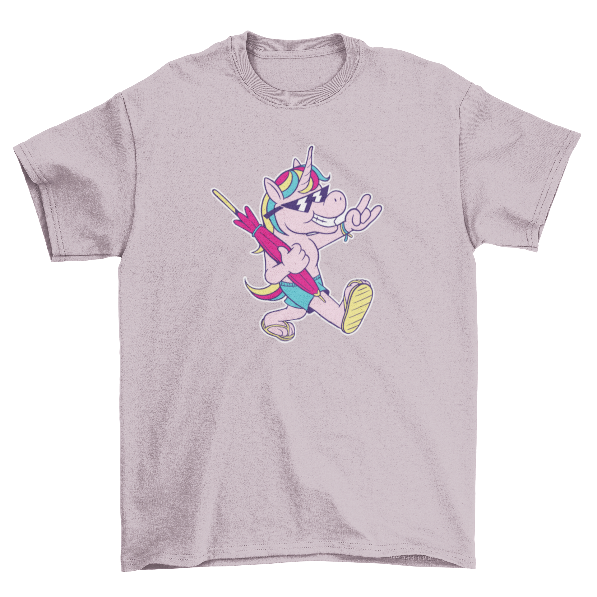 A colorful cartoon t-shirt featuring a unicorn in beach attire holding a beach umbrella, perfect for summer wear.