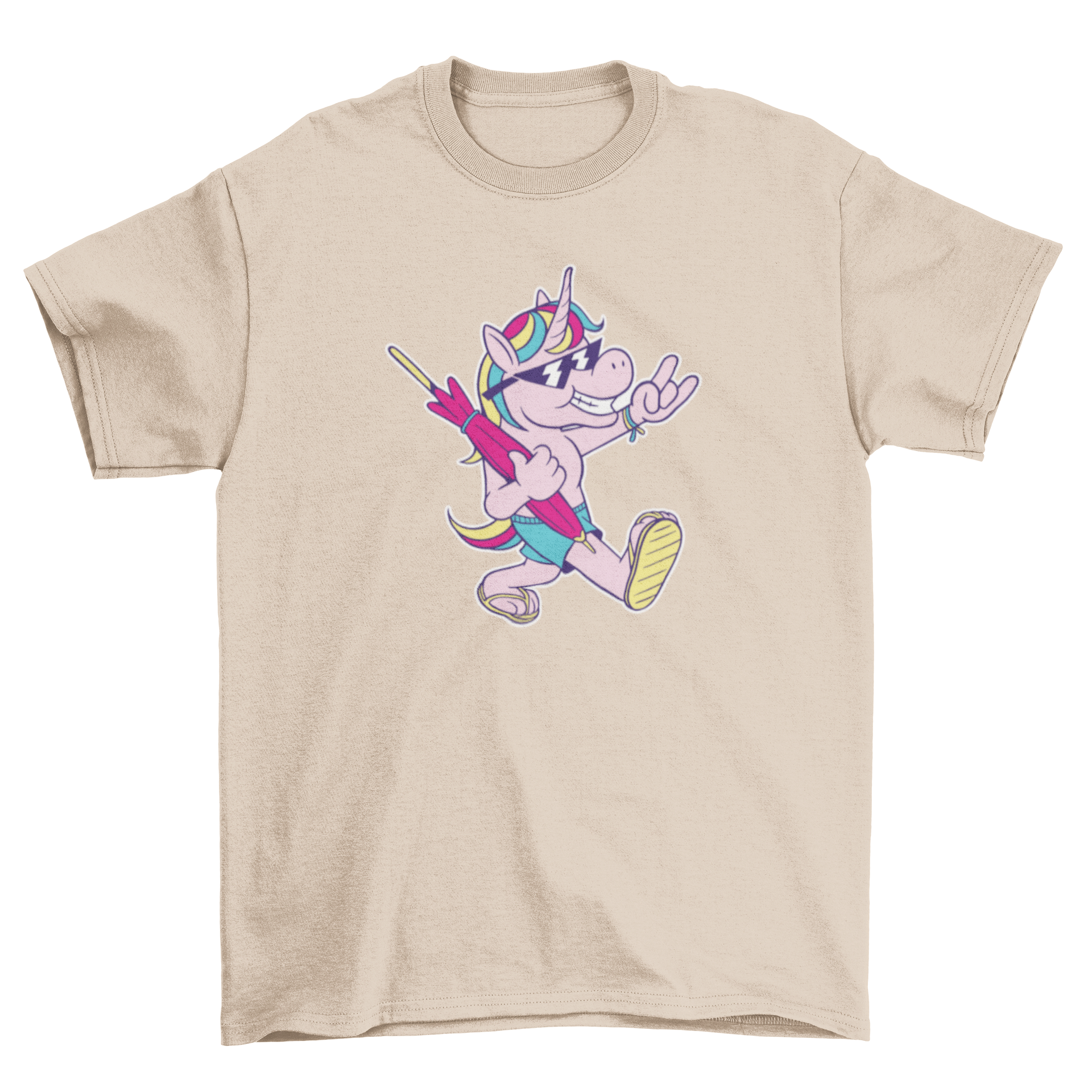 A colorful cartoon t-shirt featuring a unicorn in beach attire holding a beach umbrella, perfect for summer wear.