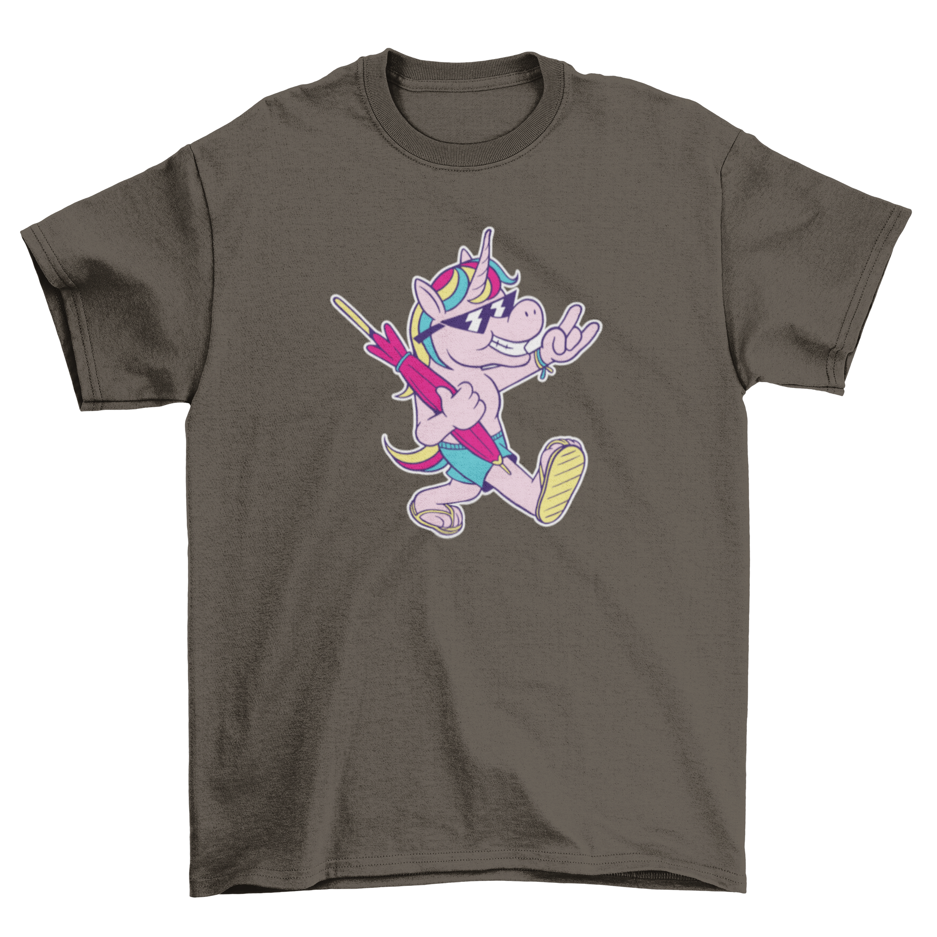 A colorful cartoon t-shirt featuring a unicorn in beach attire holding a beach umbrella, perfect for summer wear.