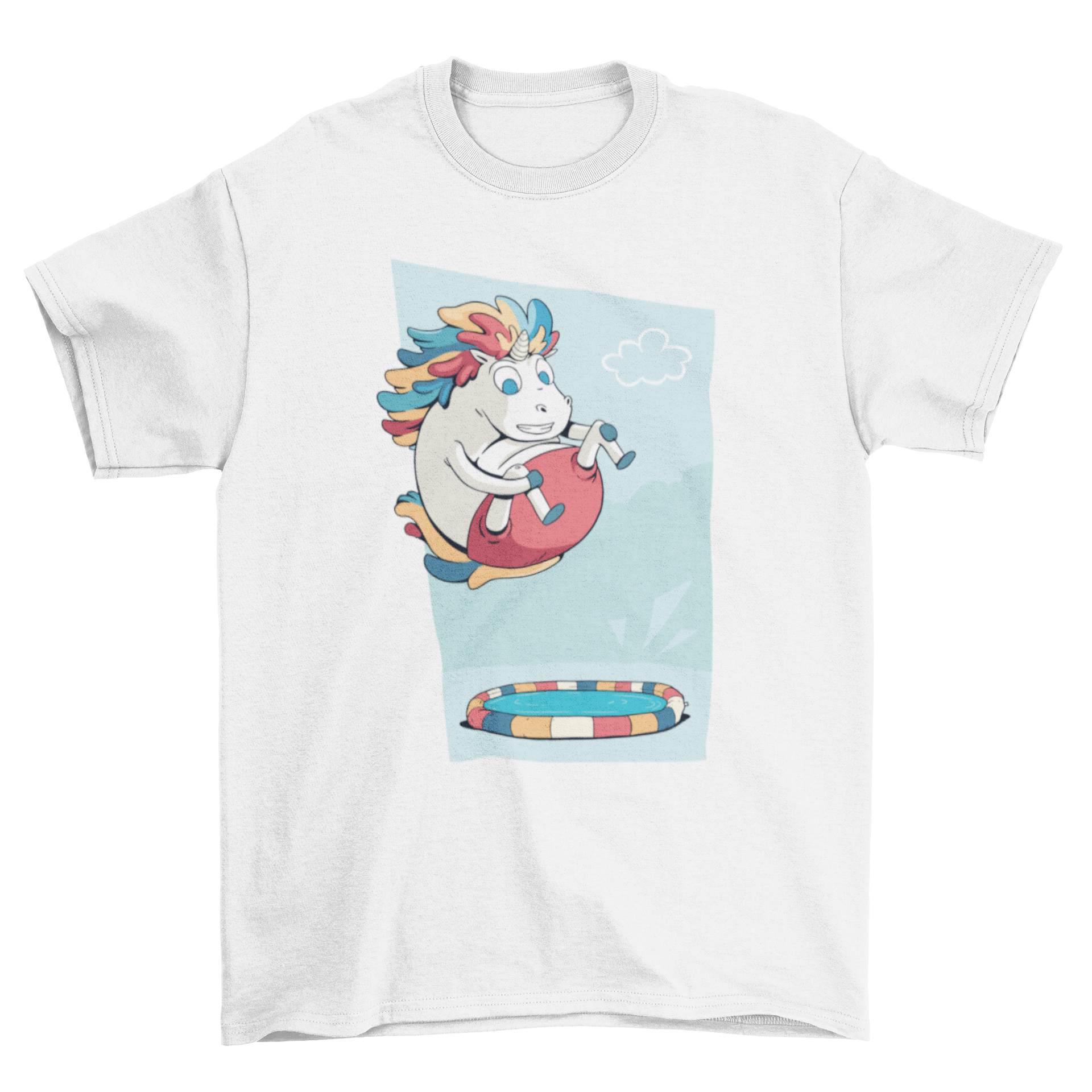 A colorful t-shirt featuring a unicorn diving into a kid's pool in a bomb style, perfect for summer fun.