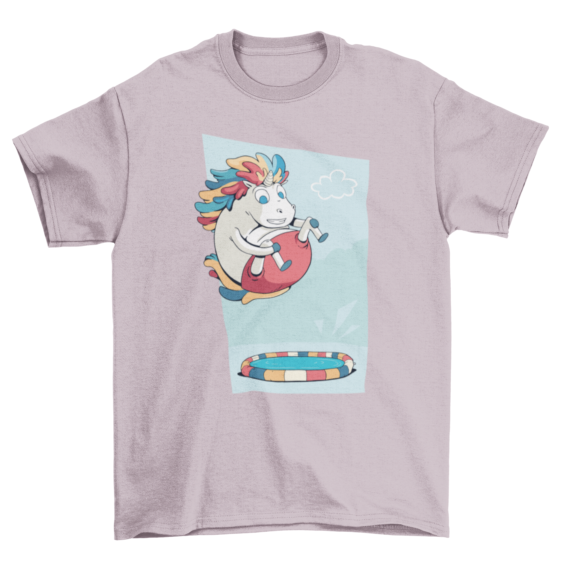 A colorful t-shirt featuring a unicorn diving into a kid's pool in a bomb style, perfect for summer fun.