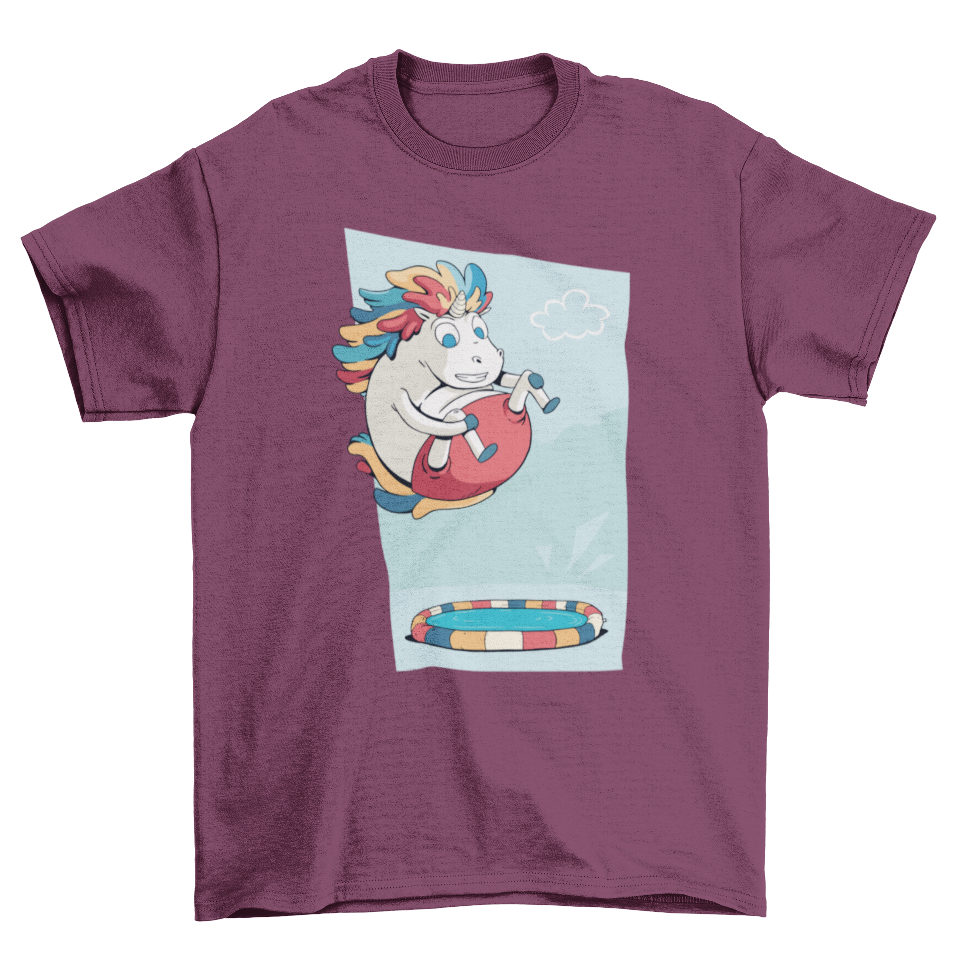 A colorful t-shirt featuring a unicorn diving into a kid's pool in a bomb style, perfect for summer fun.