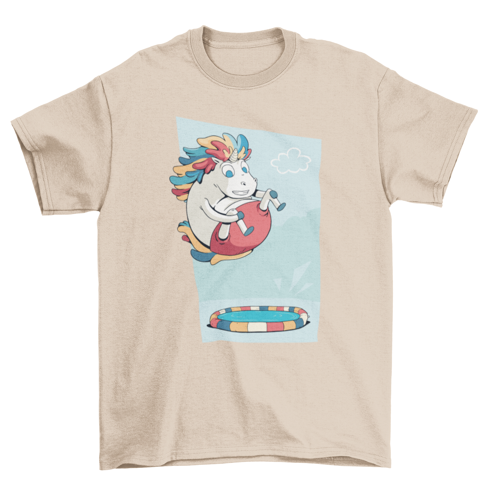 A colorful t-shirt featuring a unicorn diving into a kid's pool in a bomb style, perfect for summer fun.