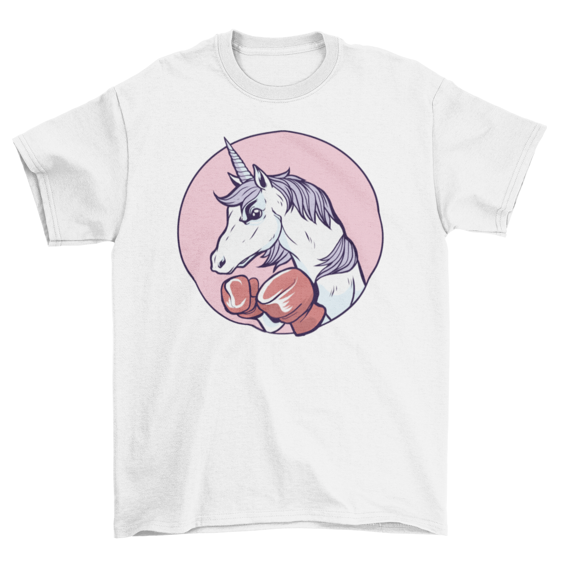 A vibrant Unicorn Boxing T-Shirt featuring a fierce unicorn with boxing gloves, showcasing a playful yet intense design.