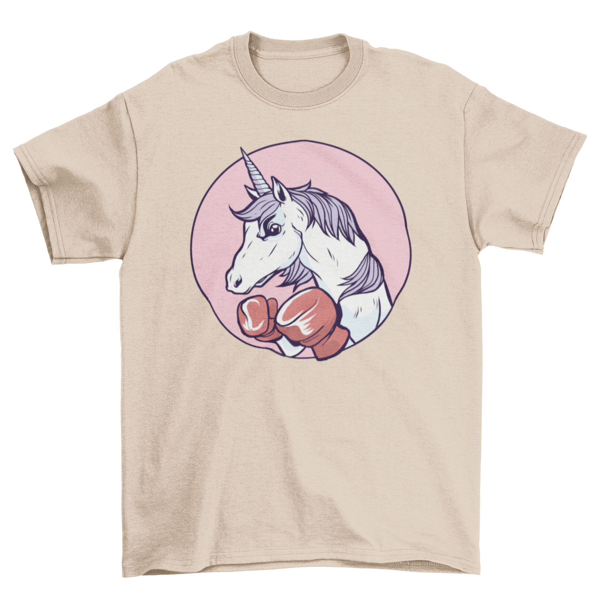 A vibrant Unicorn Boxing T-Shirt featuring a fierce unicorn with boxing gloves, showcasing a playful yet intense design.