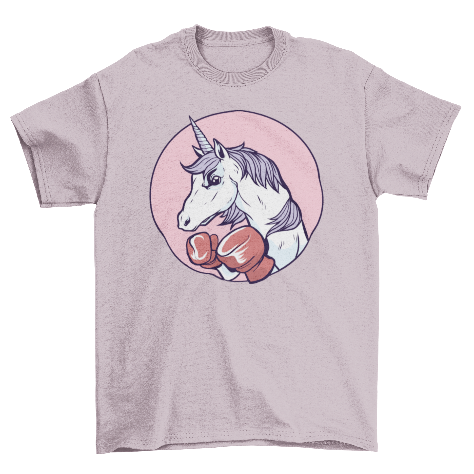 A vibrant Unicorn Boxing T-Shirt featuring a fierce unicorn with boxing gloves, showcasing a playful yet intense design.