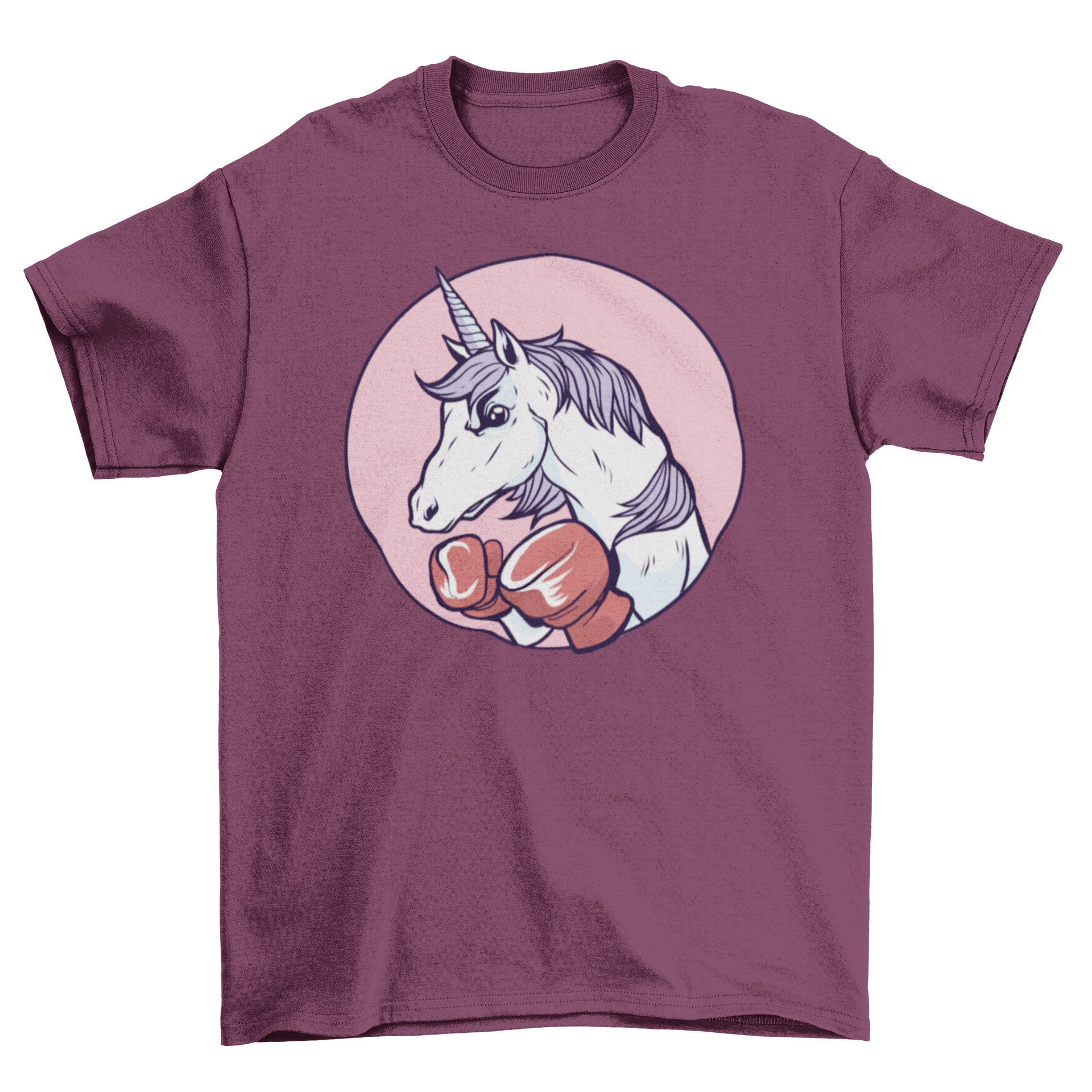 A vibrant Unicorn Boxing T-Shirt featuring a fierce unicorn with boxing gloves, showcasing a playful yet intense design.