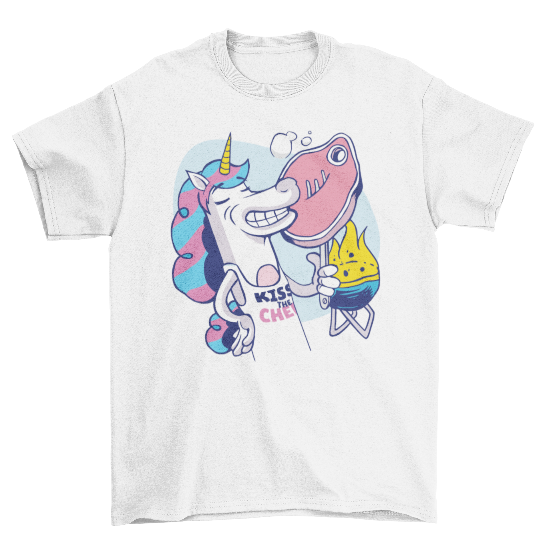 A colorful cartoon t-shirt featuring a unicorn grilling a steak on a barbecue, perfect for summer BBQs.