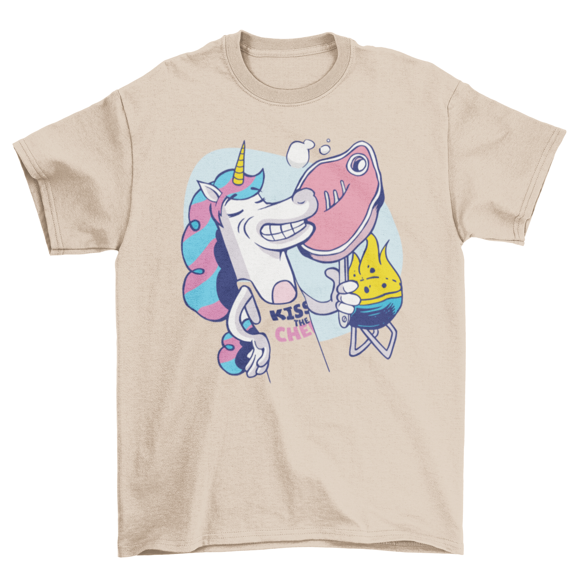 A colorful cartoon t-shirt featuring a unicorn grilling a steak on a barbecue, perfect for summer BBQs.