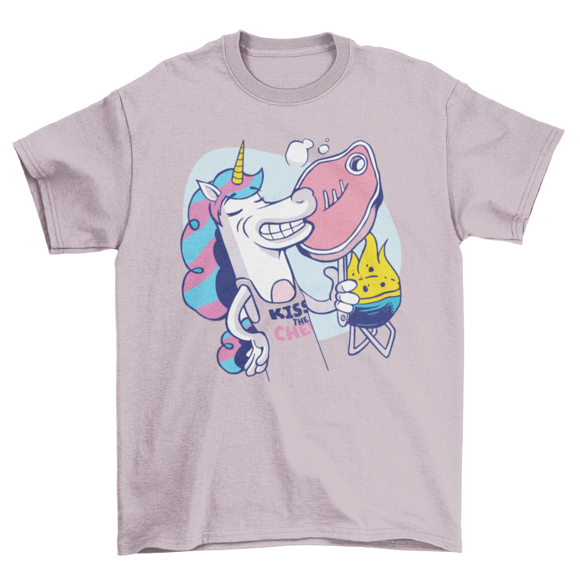 A colorful cartoon t-shirt featuring a unicorn grilling a steak on a barbecue, perfect for summer BBQs.