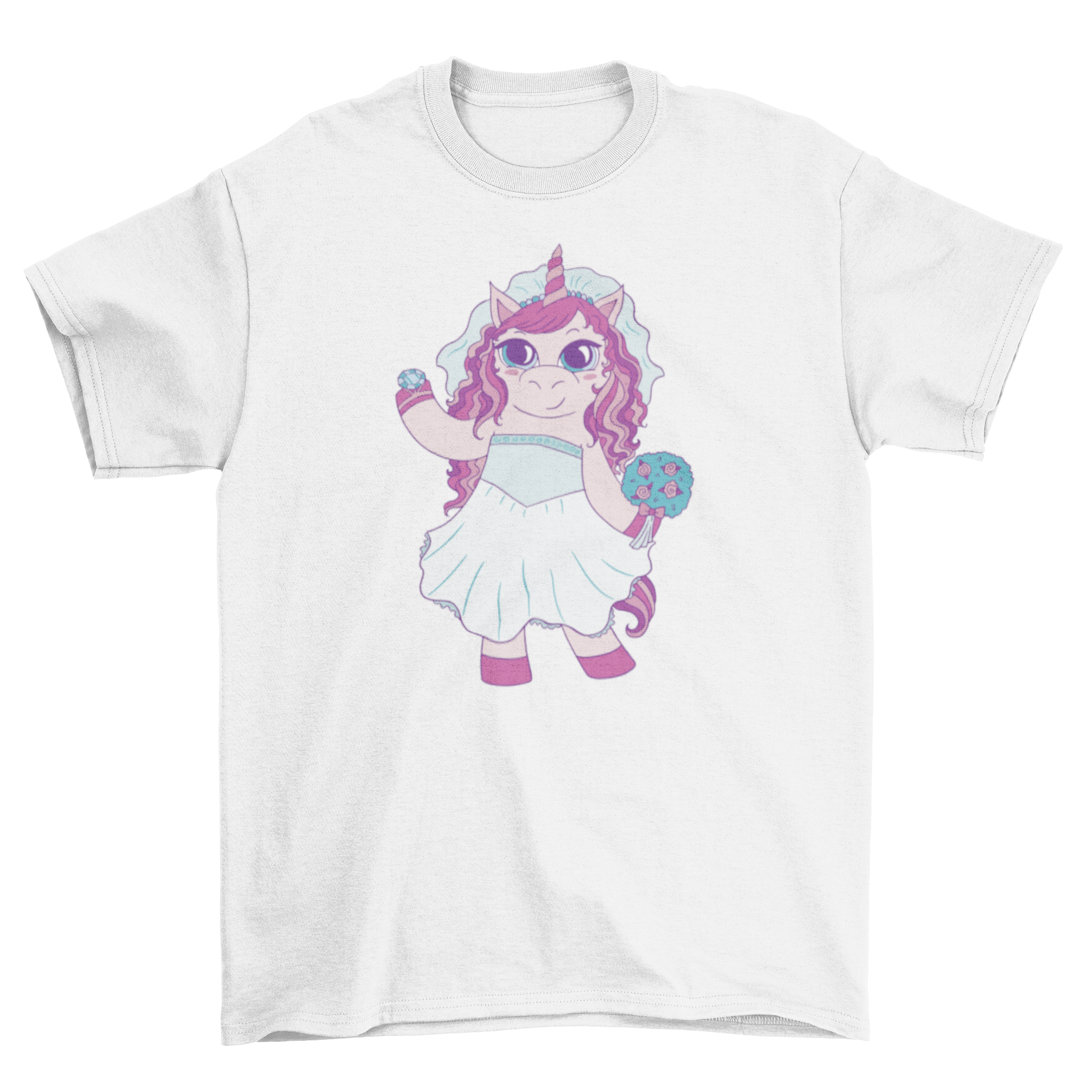 A whimsical t-shirt featuring a unicorn bride in a wedding dress with a giant ring, perfect for bridal celebrations.